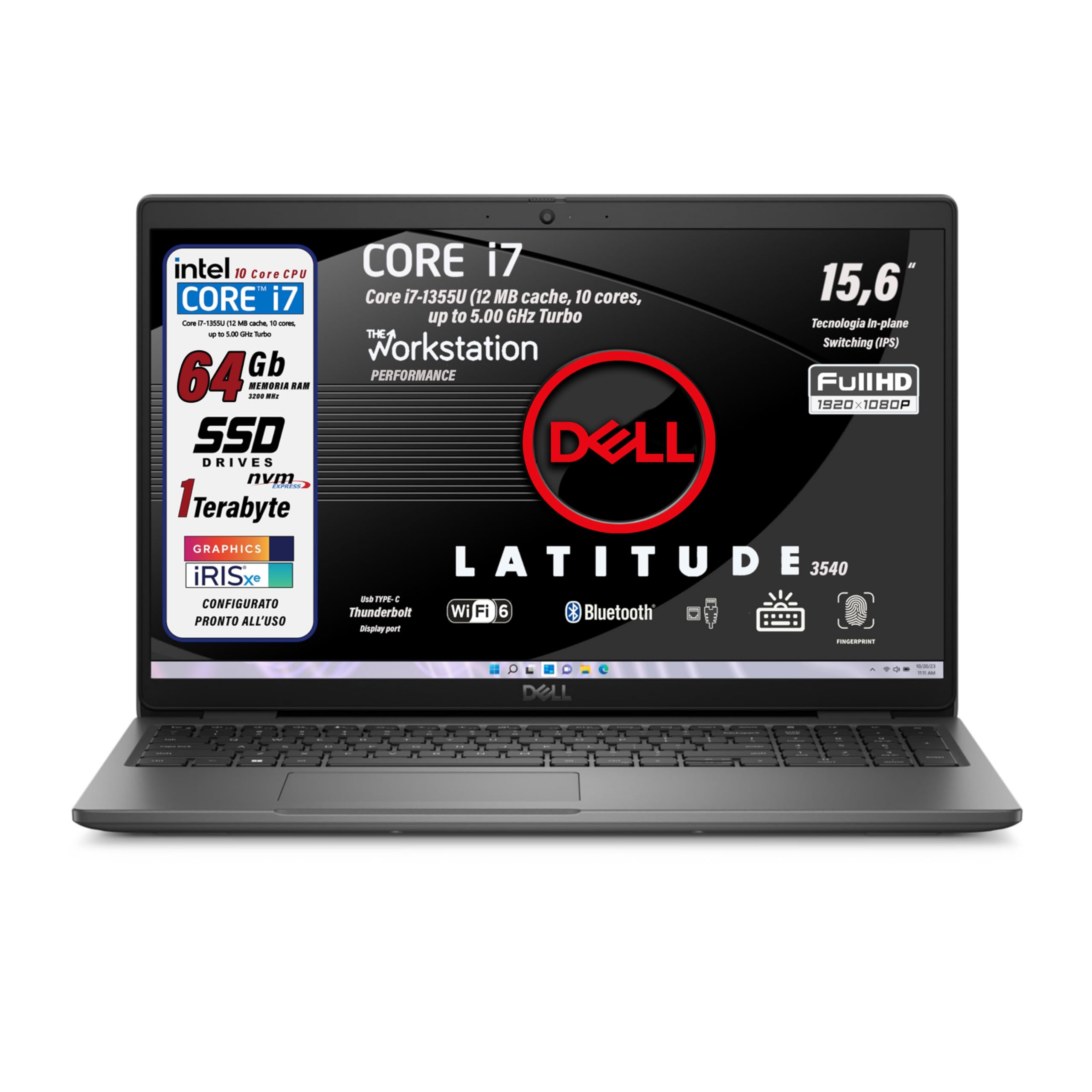Notebook Dell Latitude, RAM 64 Gb, Intel Core i7-1355U 13th, 12 MB cache, 10 cores, 5.00 GHz Turbo, 15.6" FullHD, SSD 1Tb, Tastiera Retroilluminata, Fingerprint, Win 11 Pro, Pronto all'Uso