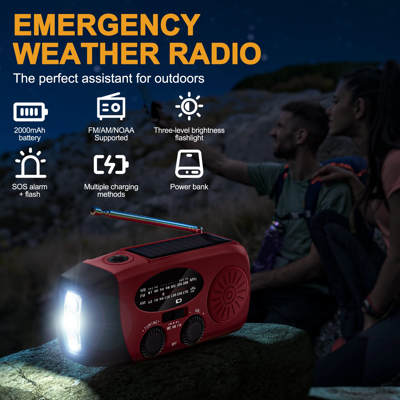 Przenośne radio solarne Radio awaryjne pogodowe 2000 mAh Korba radia z radiem AM/FM/NOAA Dynamo IPX3 Ładowanie telefonu z latarką LED Alarm SOS Kabel USB do turystyki pieszej kemping