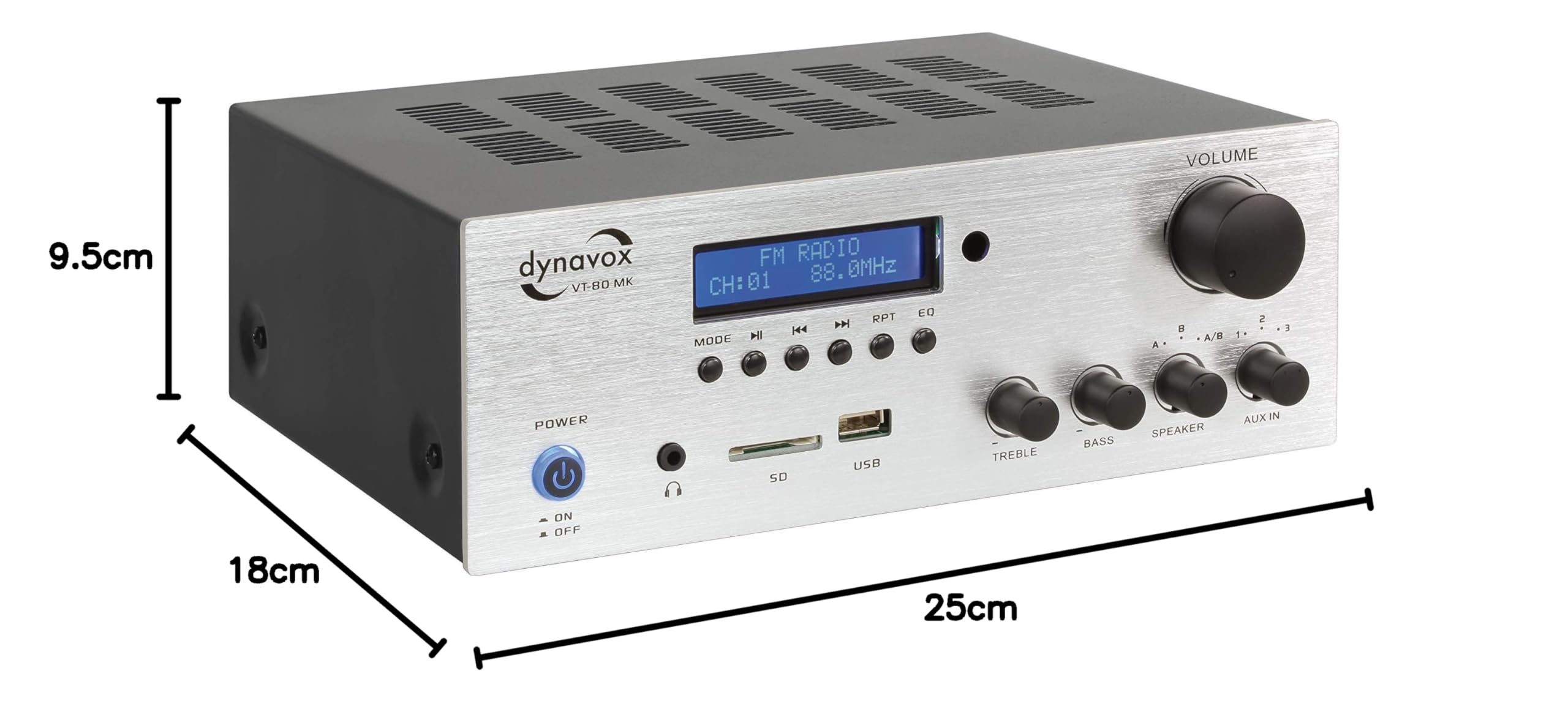Dynavox Stereo Kompakt-Verstärker VT-80 MK, 4 schraubbare Lautsprecher-Anschlüsse, Fernbedienung für Digital-Eingänge (USB, SD-Card), integrierte BT-Antenne und FM-Radio, Silber