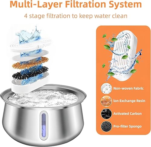 Miniatura 2 de Fuente de agua para gatos, fuente automática de acero inoxidable para mascotas de 4 litros con ventana de nivel de agua de luz LED, dispensador de