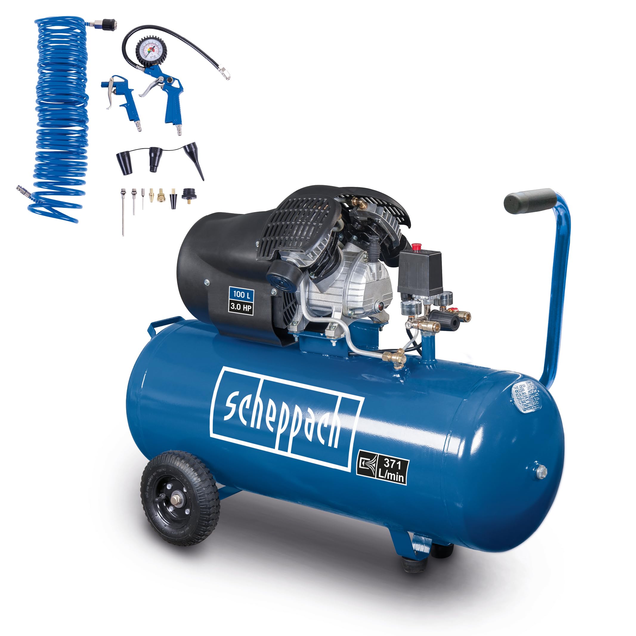 Scheppach Compresseur d’air HC120DC – 230V – 2200 W/3,0 PS – 10 bar – Compresseur 100L – Débit d’aspiration 371L/min – Double cylindre (Avec 14 accessoires inclus)
