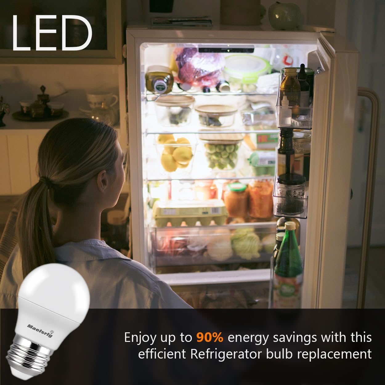 Maelsrlg 40 Watt Equivalent Refrigerator Light Bulb, 90+CRI, 5W 600LM Fridge Bulb 5000K Daylight, Waterproof A15 E26 Base, 25,000Hrs Lifespan for Freezer Frigidaire Replacement, 2-Pack