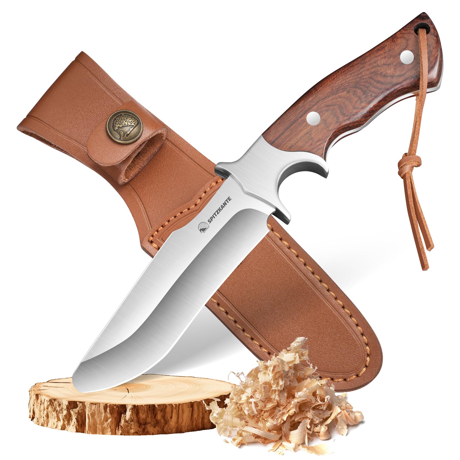 Coltello da intaglio per bambini, punta arrotondata, lama non affilata da 10 cm in acciaio 3Cr13MoV, full tang, per campeggio, con manico in legno e fodero in pelle.