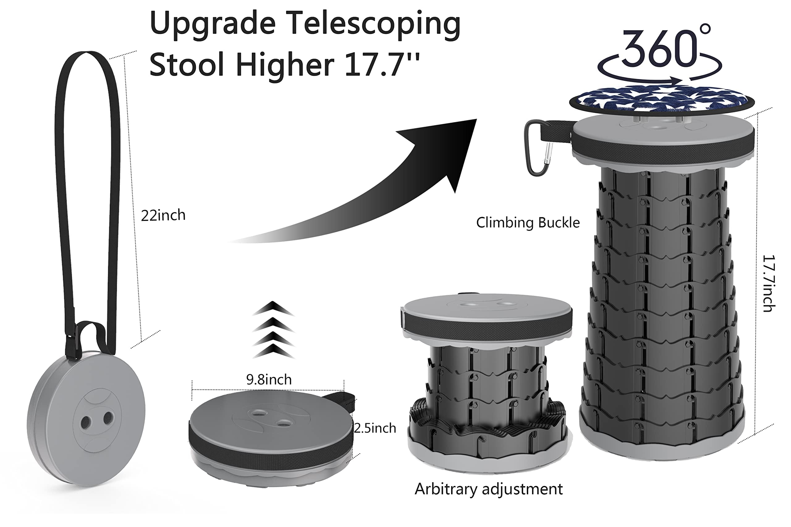 Taburete Telescópico Ajustable Para Camping Con Gran Capacidad De Carga Plegable Y Portatil Para Camping Y Pesca Color Negro Fliti 88108170