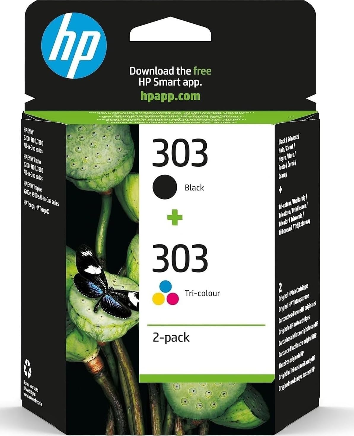 HP 303 Negro y Tricolor, Pack de 2 Cartuchos de Tinta Originales | Compatible con HP Tango, HP Tango X, HP Envy 6220, 6230, 7130, 7830, 200 páginas (3YM92AE) ECOLOGO
