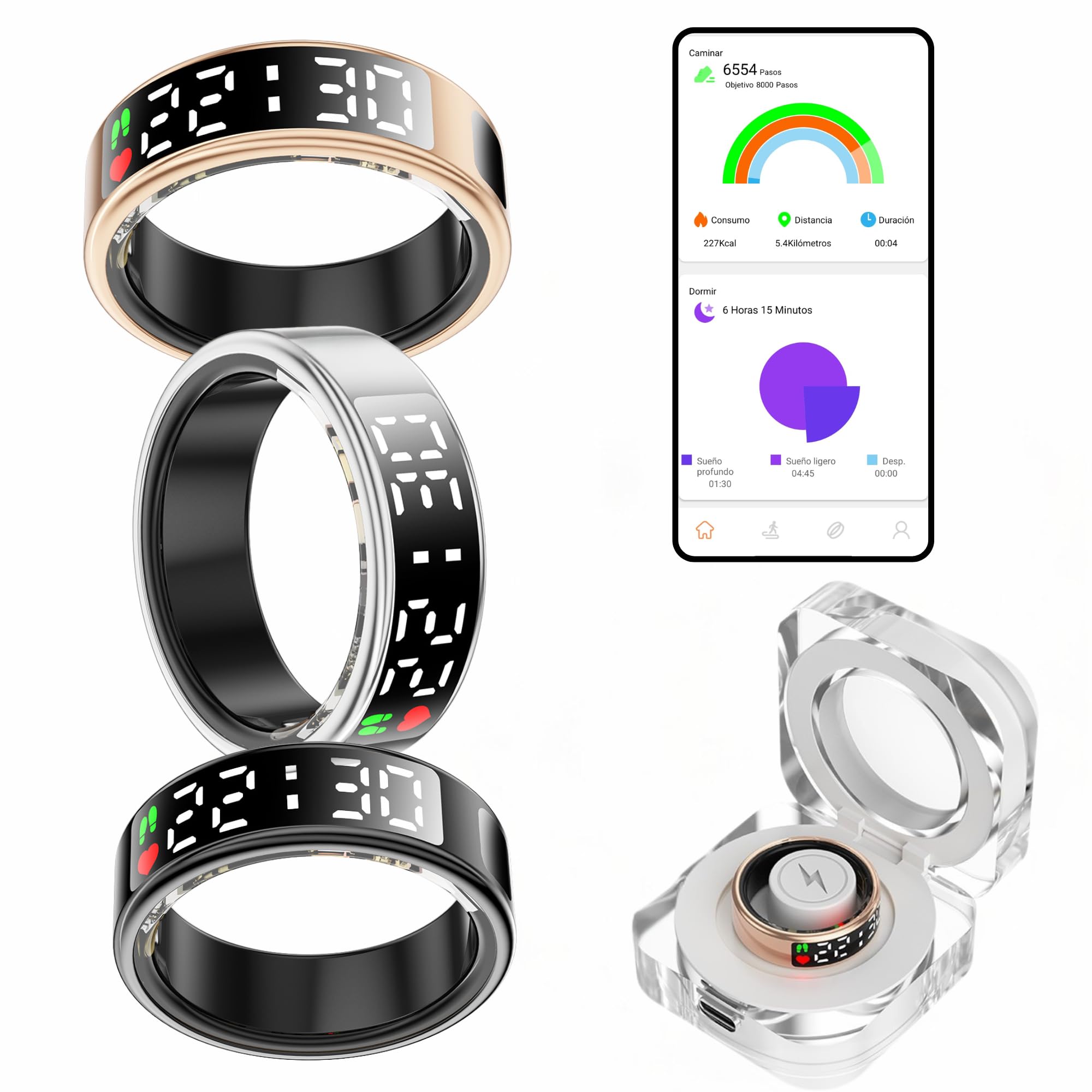 smartia - Anillo Inteligente con Pantalla Tactil, Smart Ring para Hombre y Mujer, Anillo Inteligente con Actividad Fitness y Control de Salud, Monitoriza tu Sueño, Incluye Puerto DE Carga (Oro, 9)