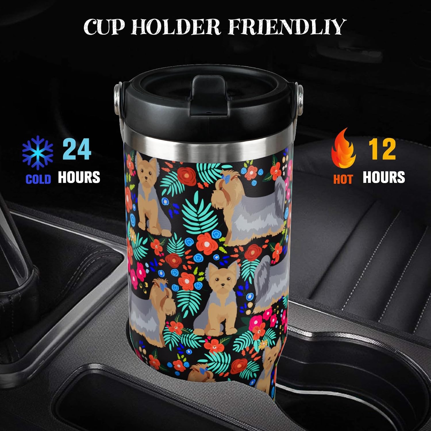 30 oz Yorkie Tumbler with Lid, Insulated Coffee Travel Mugs Cup Water Bottle Dog Gifts for Women Girls