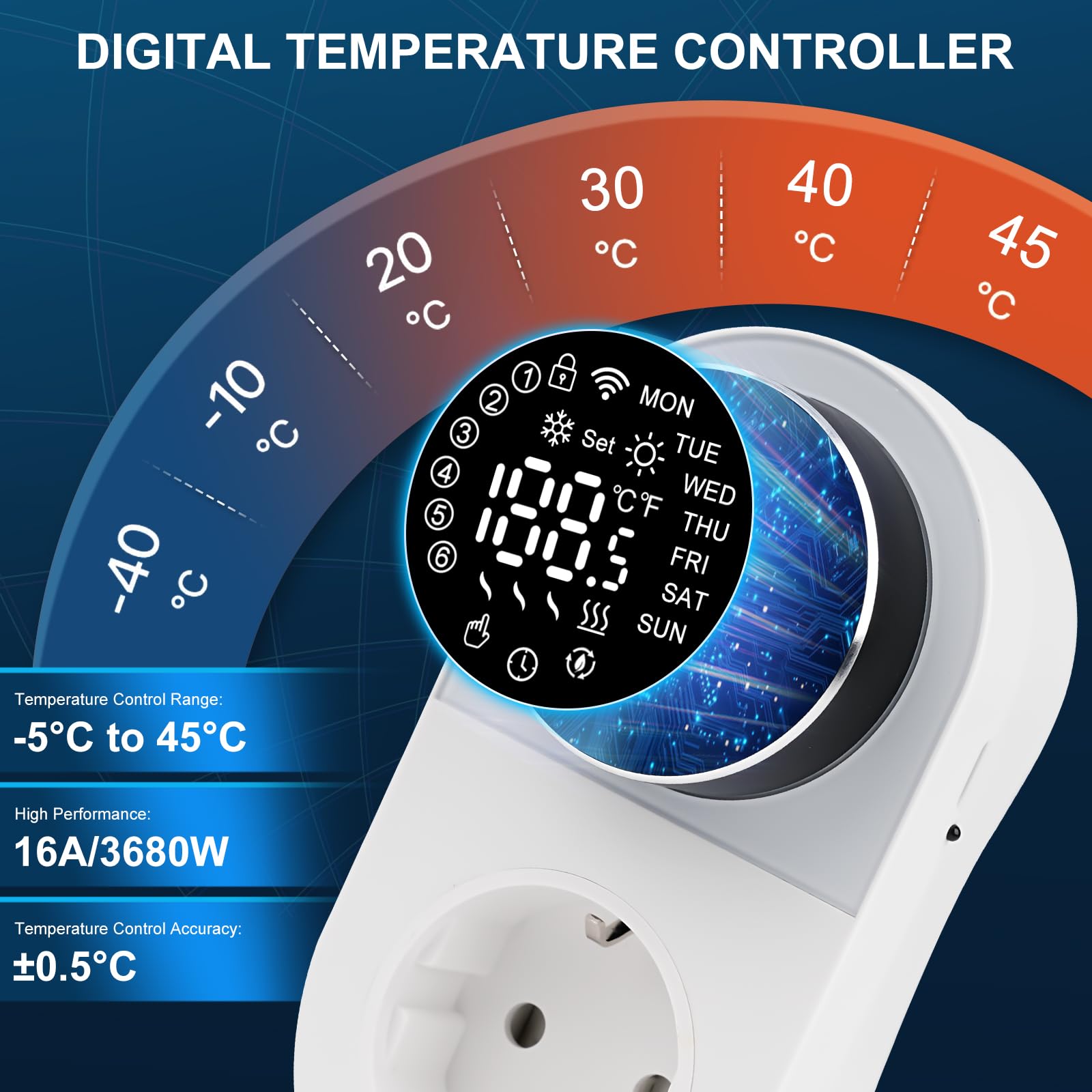 Termostato Enchufe Termostato Digital 220V 16A Inteligente WIFI Mando Giratorio Controlador Temperatura Control por APP Pantalla Digital LED Frío/Calefacción Pantalla Digital LED