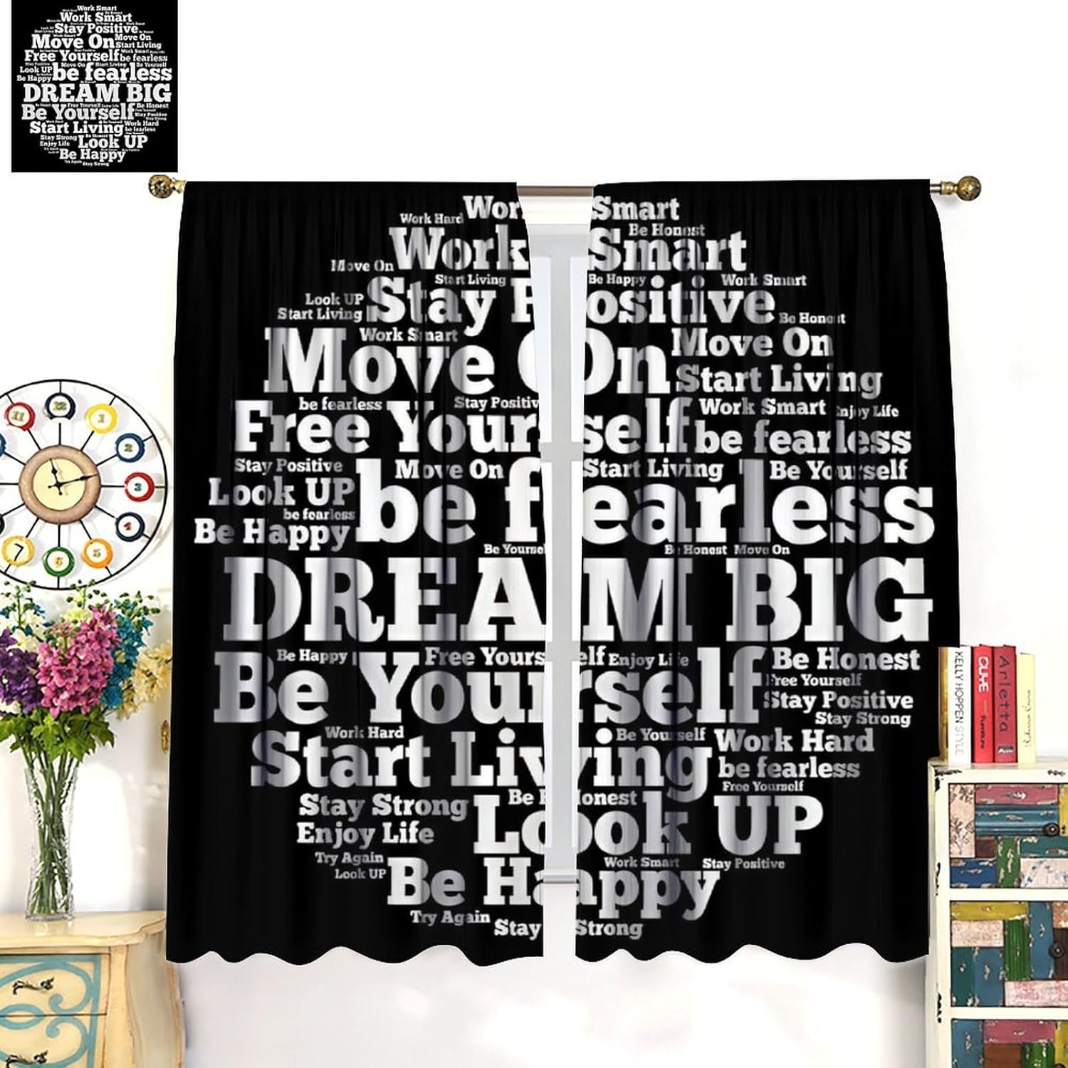 Inspirational Quote Blackout Curtains, Black White Positive Words Motivational Phrases Modern Design Window Drapes for Bedroom Living Room Bathroom Kitchen Office Home Decor, 42" W X 45" L