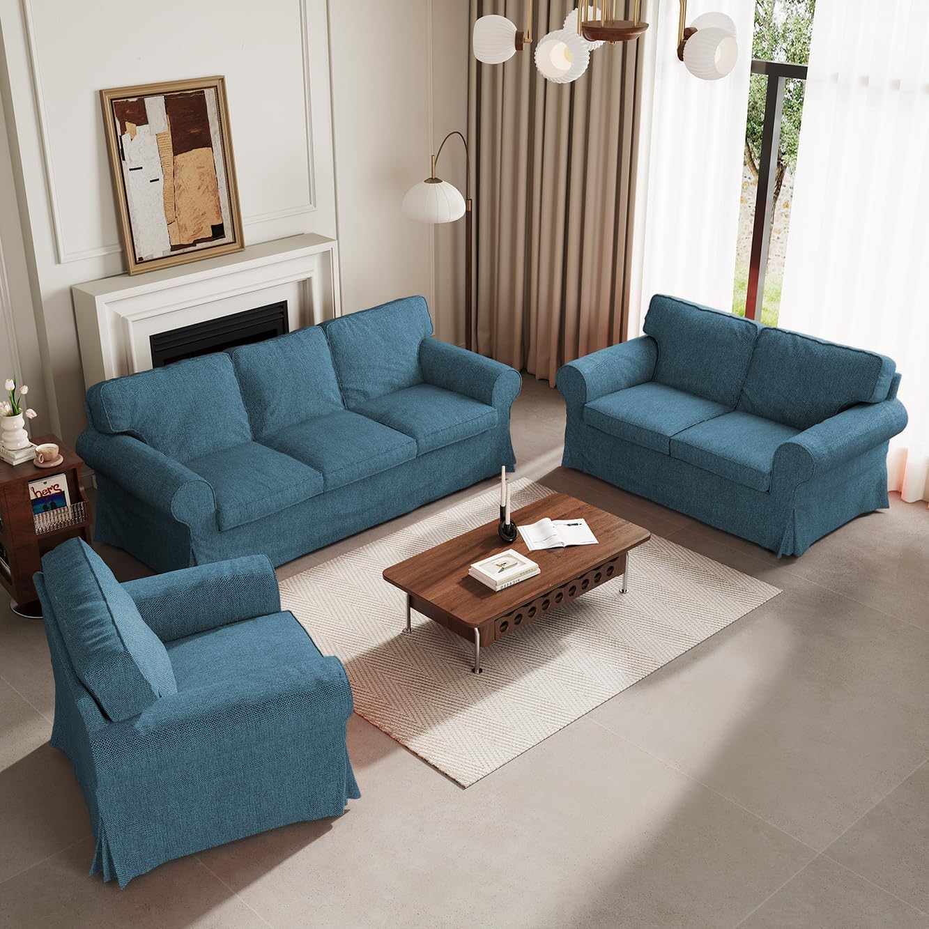 MASWOND EKTORP 3 Seat Sofa Cover Jacquard Fabric Cover Replacement is Custom Made Slipcover Compatible for IKEA EKTORP Sofa Only (7pcs,Blue)