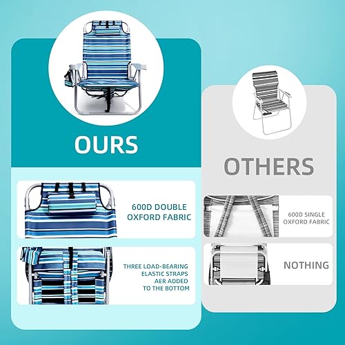 Miniatura 6 de Beach Chairs for Adults Heavy Duty, Compact Portable Lay Flat Folding Beach Chair with Backpack Straps and Large Cooler Pouch, Support to 350LBS