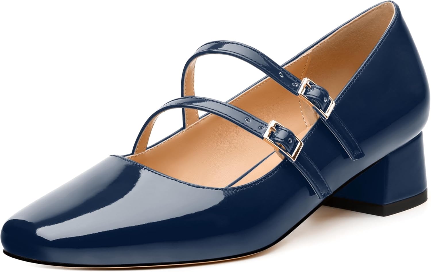 Womens Mary Jane Pumps, Square Toe Low Block Heel Pumps for Women, Leather Insloe Comfort Daily Two Straps Mary Janes 1.3"