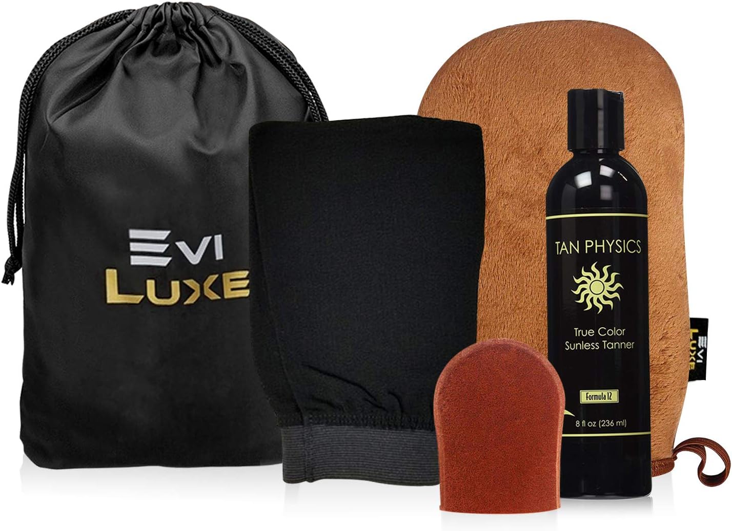 Tan Physics & EviLuxe Deluxe Tanning Mitt Bundle (5pcs) – Face & Body Tanner Mitts, Exfoliation Glove, Storage Bag & 8oz True Color Sunless Tanning Lotion – For Flawless Sun Kissed Skin All Year Long