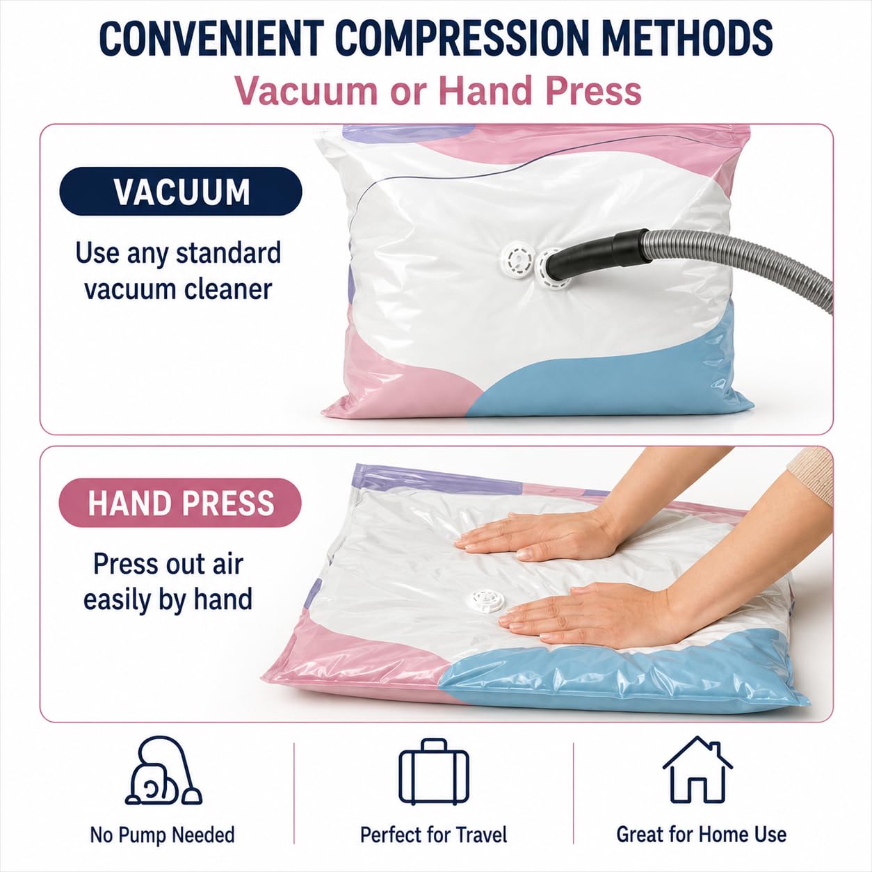 Bolsas De Almacenamiento De Vacío Sin Bomba, Bolsas de compresión herméticas, Organizador De Autocompresión De Ahorro De Espacio Para Ropa,Acogedores (6 unidades, 80 x 100 cm)