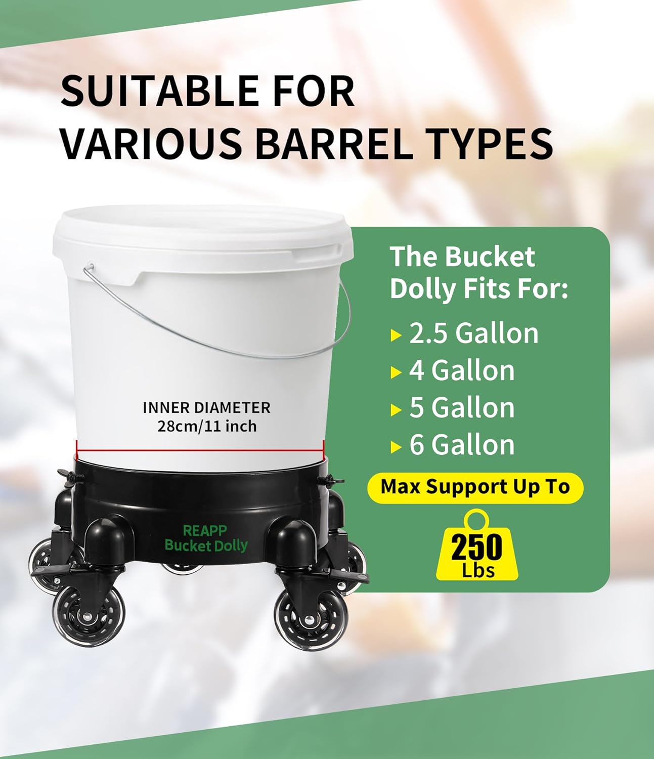 Bucket Dolly with Wheels,Heavy-Duty 360°Rolling Car Wash Bucket Dolly with 5 Wheels and 2 Locking Casters Compatible with 4, 5 and 6 Gallon Buckets (Black, 3''Casters Roller Wheels)