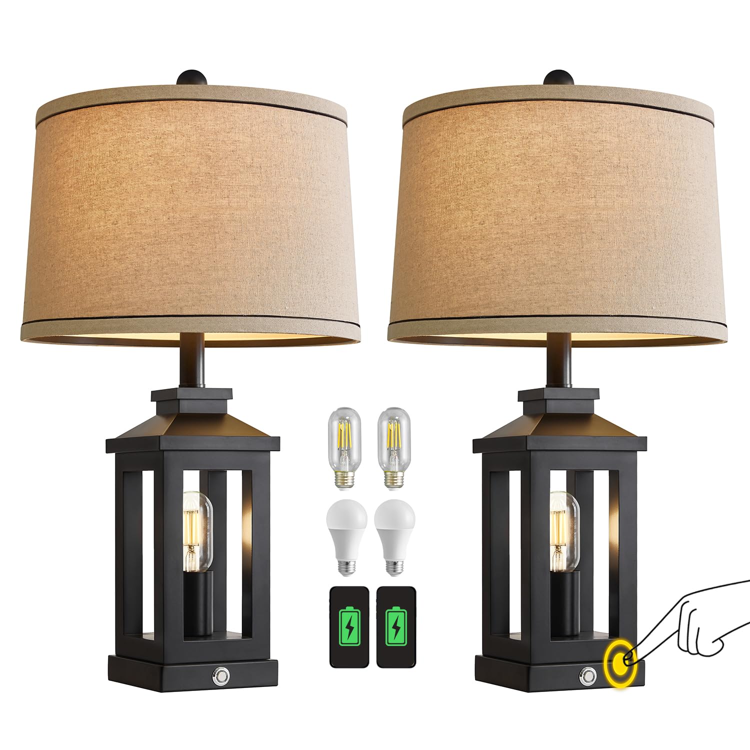 G-SAFAVA 23.75" Retro Farmhouse Black Table Lamp for Living Room Bedroom Nightstand Set of 2 Touch Control Bedside Nightlight Vintage Modern Lamp with USB C+A Ports and 2 Light Sources: Metal Silver