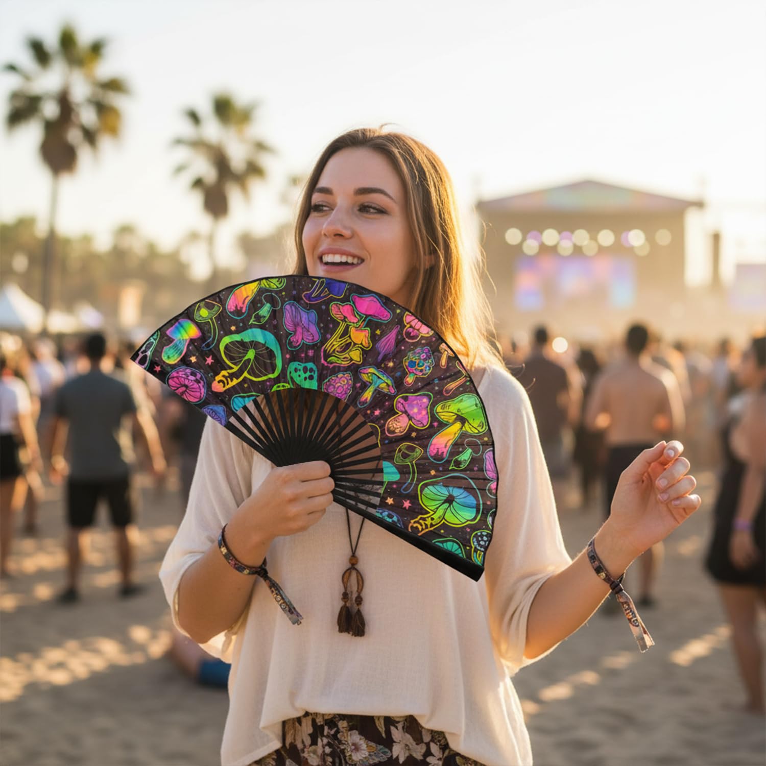 Abanico Plegable para Adultos, Abanico Rave Premium, Abanico de Mano para Fiestas, Disco, Playa, Drag Queen, Regalo Accesorio Rave (patrón de Hongos)