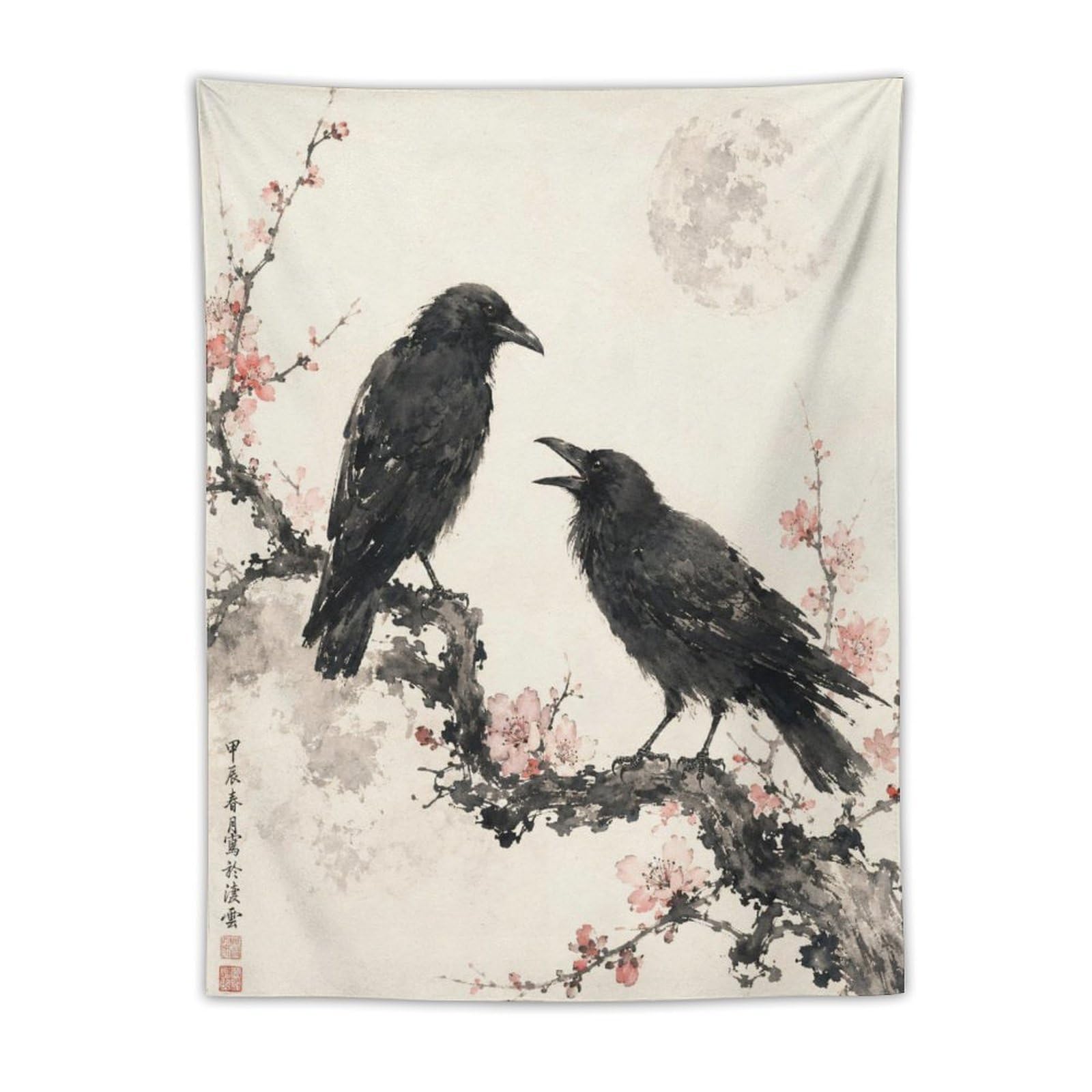 H3B8U2Y5 Raven Pair with Moon Wall Tapestry, Ukiyo-e, Ceiling Hanging