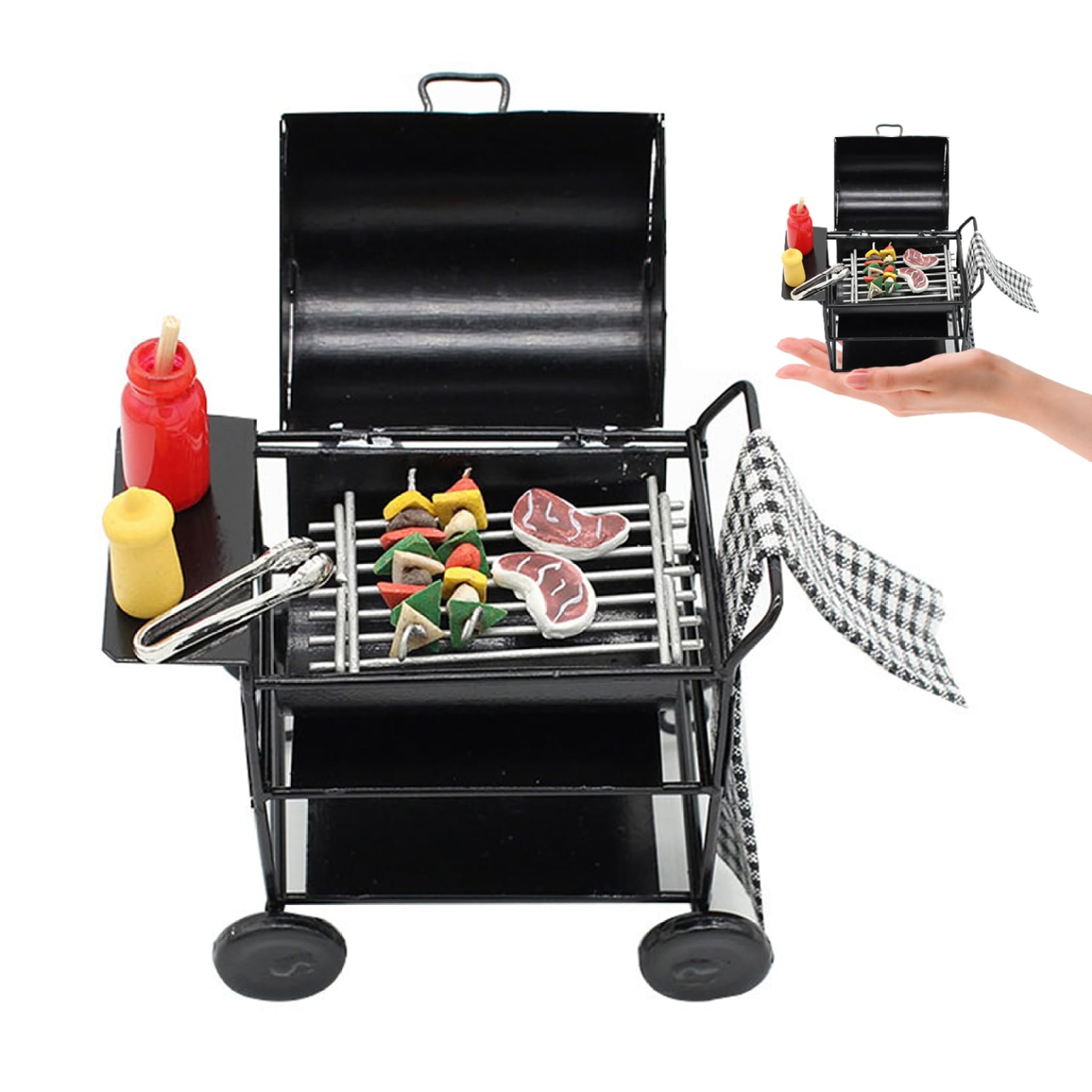 Dollhouse Kitchen Furniture 1:12 Dollhouse Barbecue Set with Skewer Steak Seasoning Bottle Towel Doll House Bbq Cart Dollhouse Accessories for Kid Pretend Play Miniature BBQ Grill Dollhouse Decor Doll