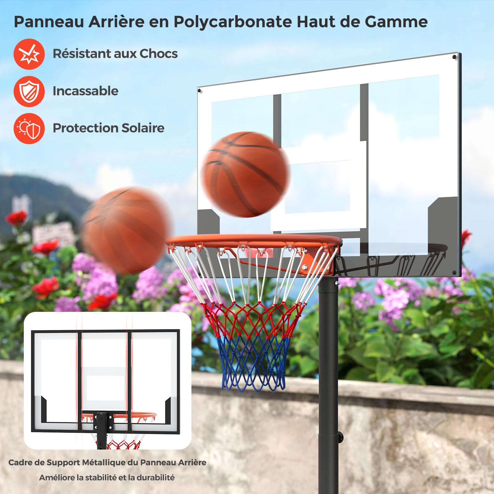 GOPLUS Panier de Basket Extérieur pour Enfants, Hauteur Réglable 100-212CM, Panier de Basket Mobile avec 2 Roues, Panneau Incassable, Base Amovible pour Cour ou Intérieur