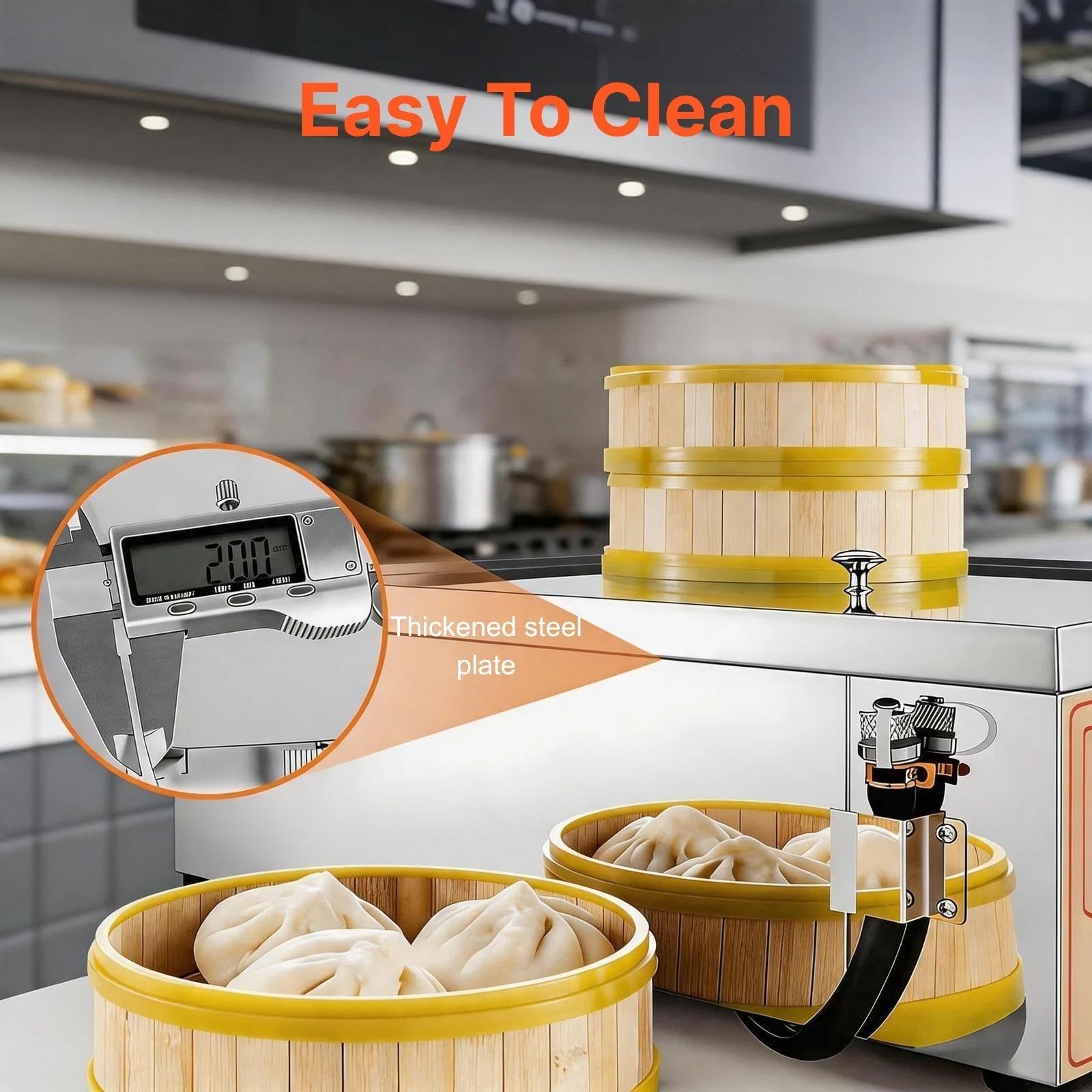 Parowar ze stali nierdzewnej, elektryczny parowar do dim sum (30–110°C) | Szybkie nagrzewanie w 3 minuty, stal nierdzewna, grzałka w kształcie litery U, alarm niskiego poziomu wody, system wodny