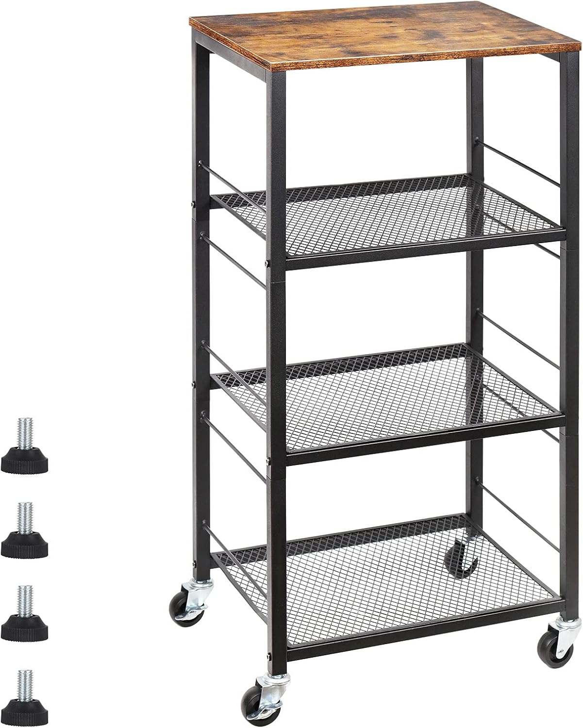 Kitchen Baker's Rack Microwave Cart 4-Tier Island Serving Bar Cart on Wheel Industrial Wood End Side Table Storage Trolley Rack for Bedside Bathroom and Office