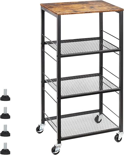 Kitchen Baker's Rack - Carrito de microondas de 4 niveles para servir isla con rueda, mesa auxiliar de madera industrial, estante de almacenamiento