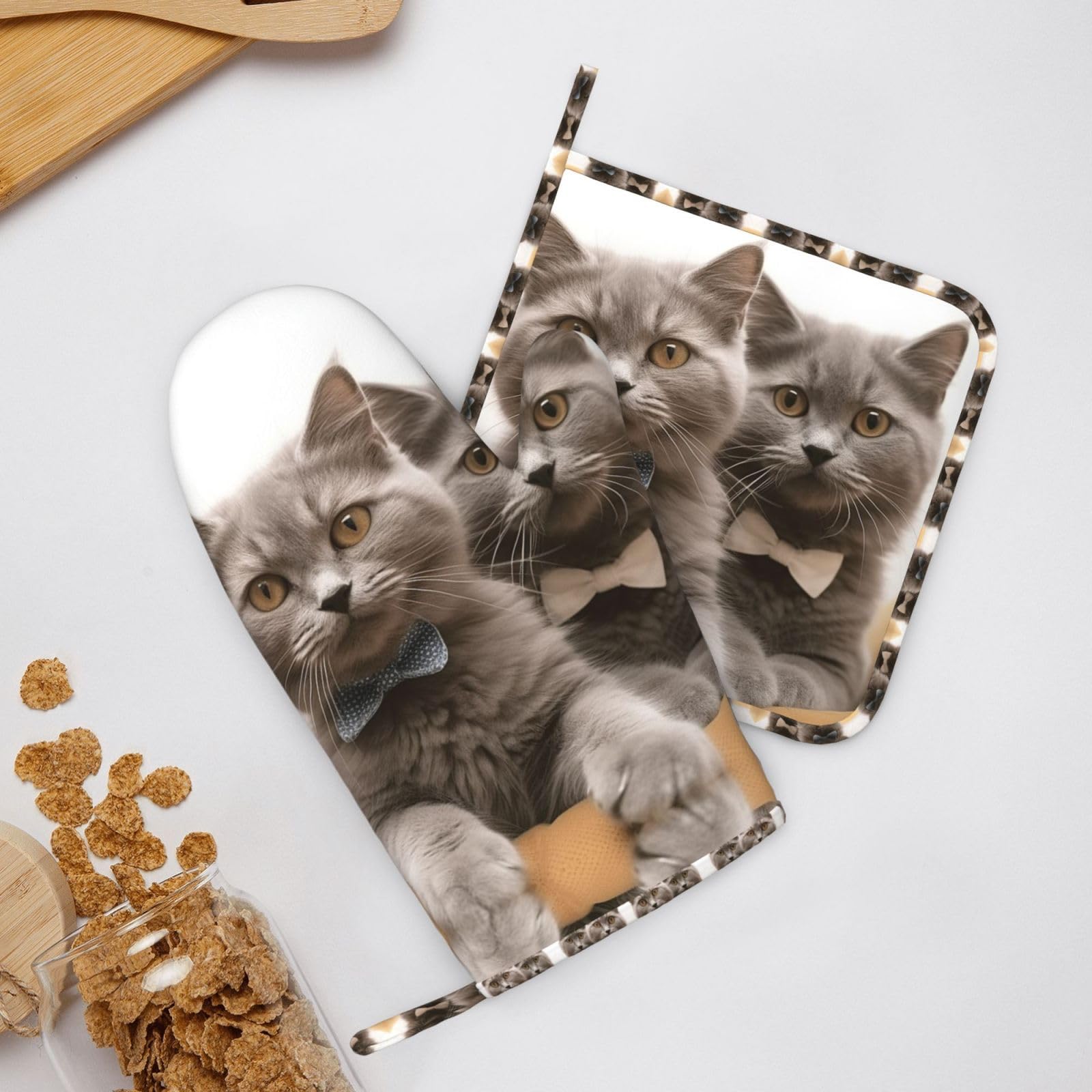 DYJYBMY Ofenhandschuhe & Topflappen Set – Katzen-Design, Hitzebeständig Bis 200°C, Rutschfest