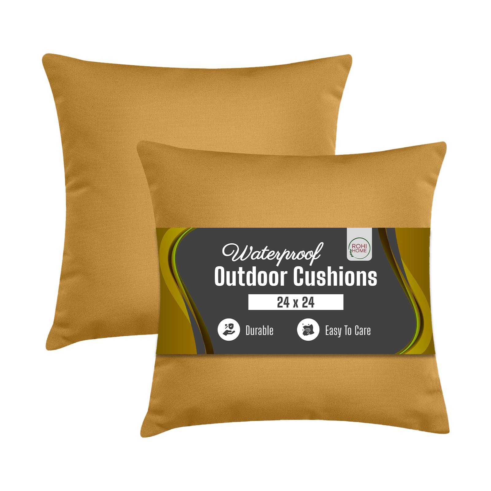 Rohi Waterproof Outdoor Cushions 2 Pack - Filled Decorative Cushions - PU Coating Waterproof for Garden, Patio, Couch, Tent, Balcony and Sofa (Yellow, 24" x 24")