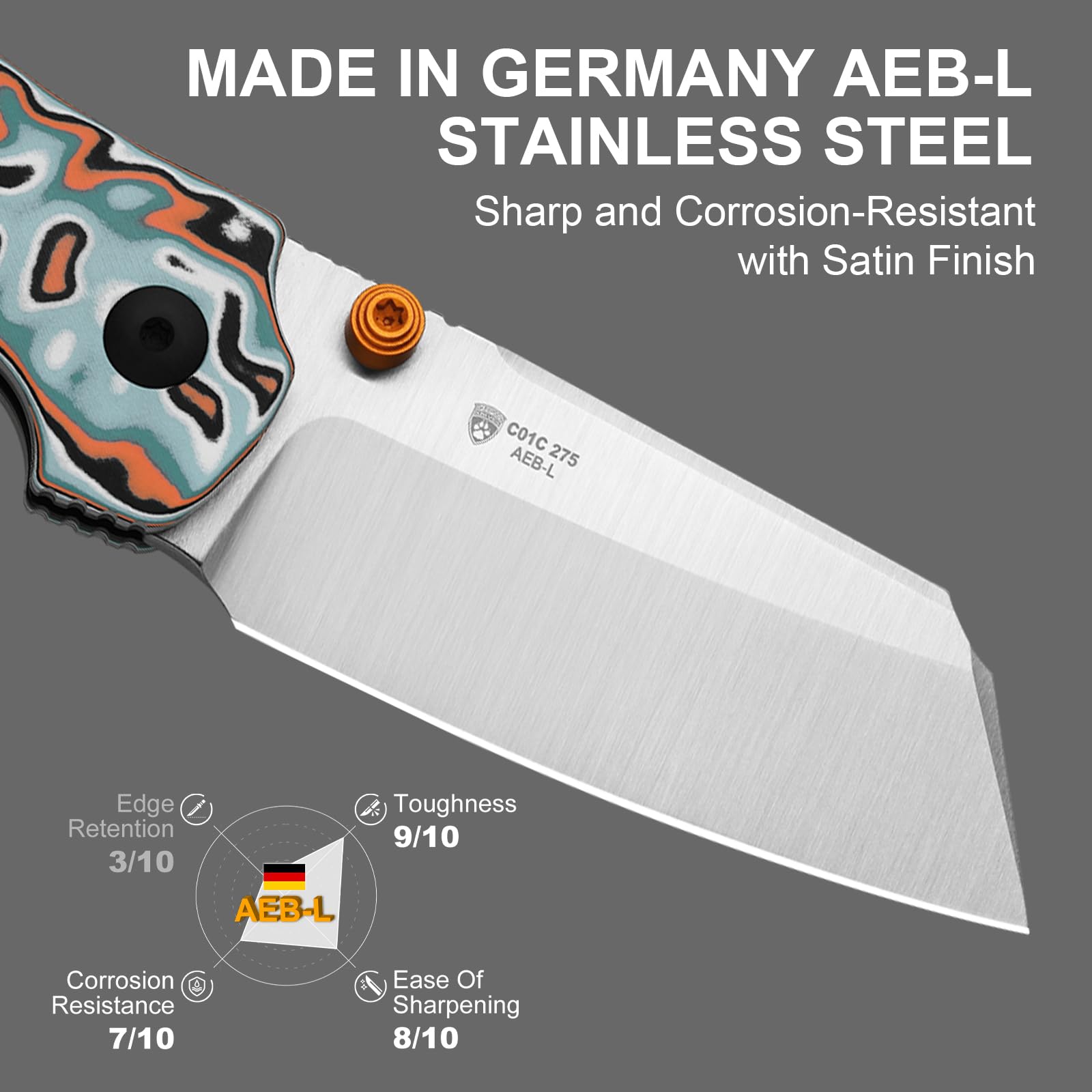 Kizer C01C 275 Sheepdog EDC Taschenmesser Klappmesser, V3488.27M2 | 7 cm AEB-L Klinge Campingmesser und Rot-grüner Micarta-Griff mit Wirbelmuster, Kleine Daumenknopf-Öffner Camping EDC-Messer