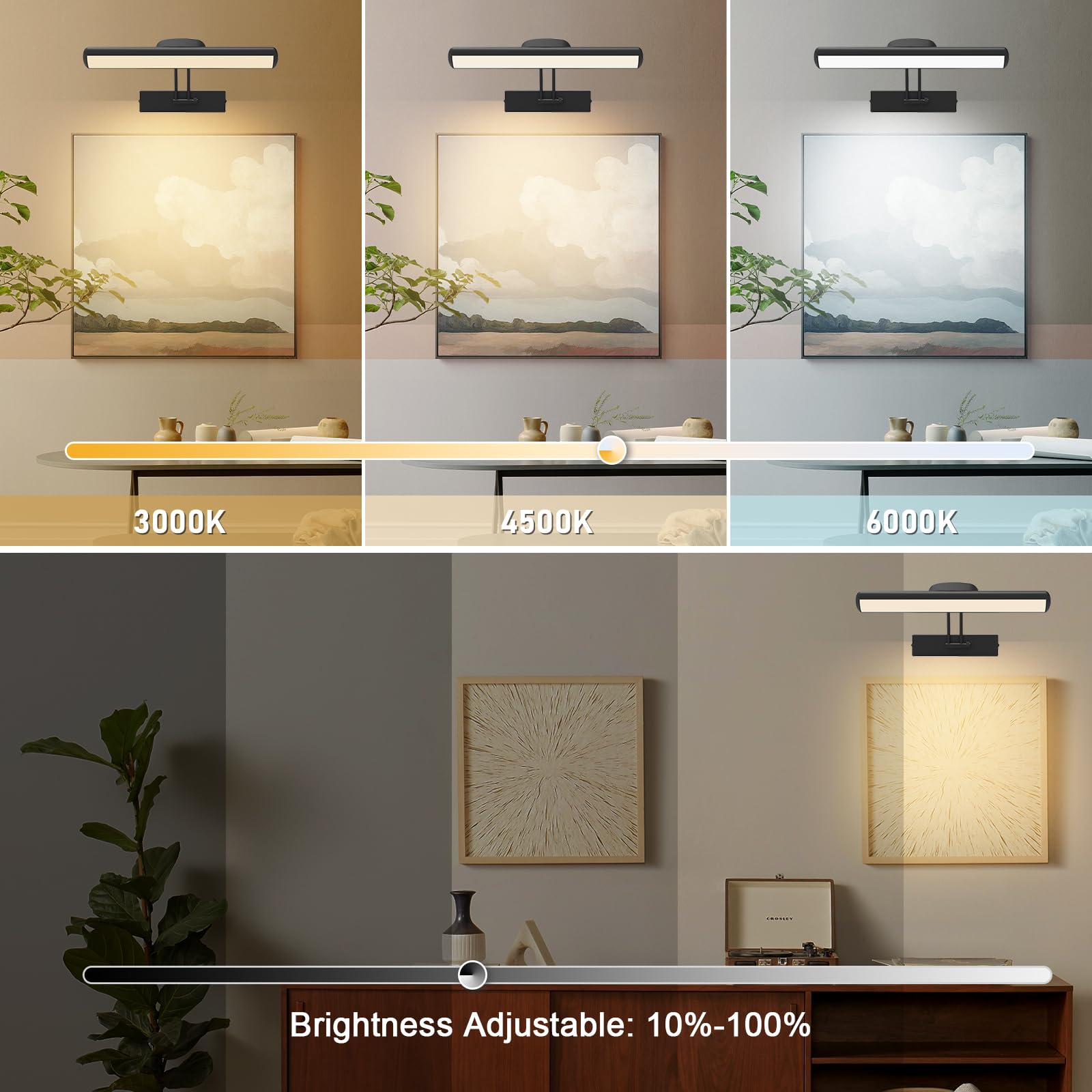 Lampe murale à Télécommande，Eclairage d'un tableau LED sans fil，tête d'éclairage LED rotative avec minuterie,Lampe d'image à bras pivotant à 180 °pour la fresque et les fléchettes.（Noir 32cm）