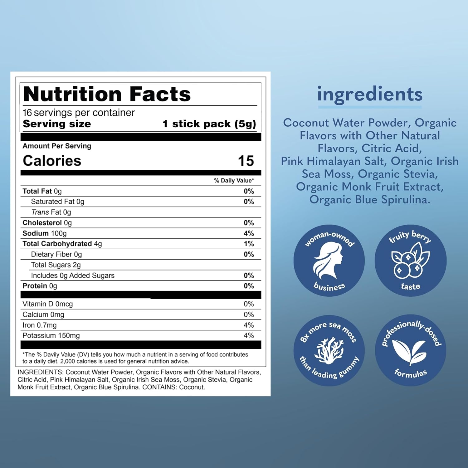 Copina Co. Irish Sea Moss Powder Drink - Super Berry with Organic Blue Spirulina - 200mg Organic Sea Moss for Gut & Skin Health, Immunity - Natural Electrolytes I 16 Stick Packs - Image 3