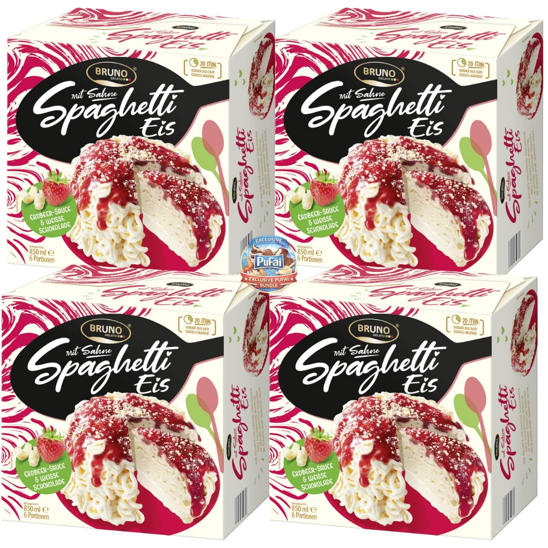 PUFAI Bundle – Spaghetti Eiscreme mit Sahne 850 ml x 4er | Vanille Dessert | Erdbeersauce | Schokoladenraspel | Tiefkühlprodukt für Servieren
