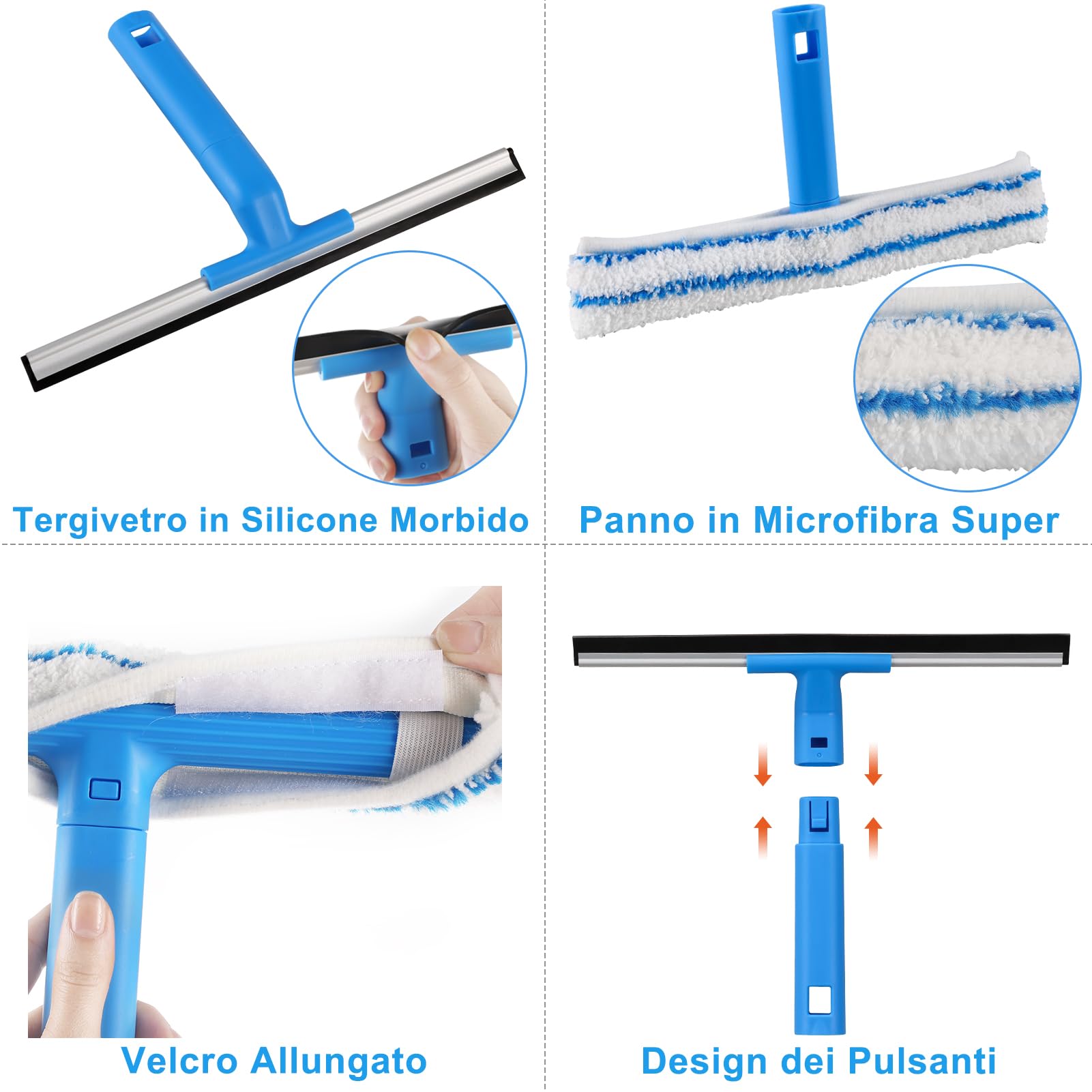 Mitclear Lavavetri con Manico Telescopico(146cm), 2 in 1 Lava Vetri con Tergivetro in Silicone e Lavavetri in Microfibra, Strumenti per la Pulizia dei Vetri per Bagno, Doccia, Auto, Vetro, Finestre