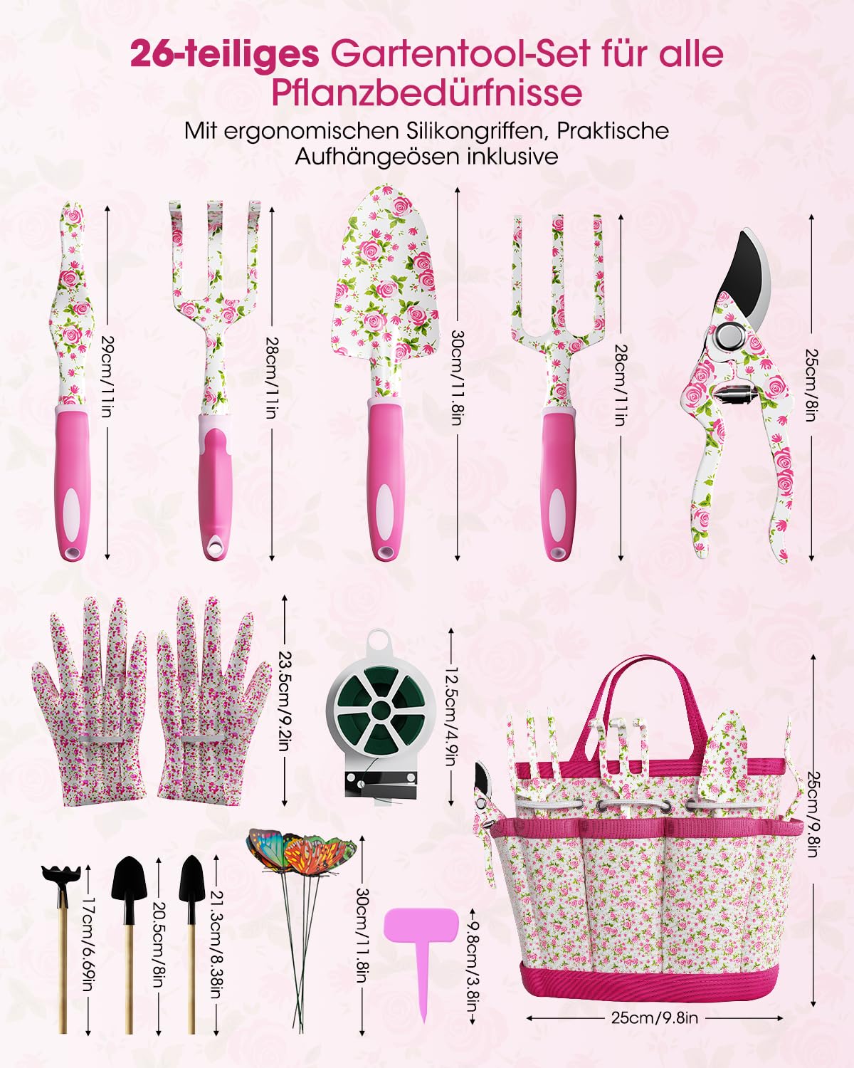 MYMULIKE Gartenwerkzeug Set, 26-teiliges Gartengeräte für Frauen, Garten Hand Werkzeuge mit Gummigriff und Oxford-Tasche, ideale Gartengeschenke für Frauen und Männer