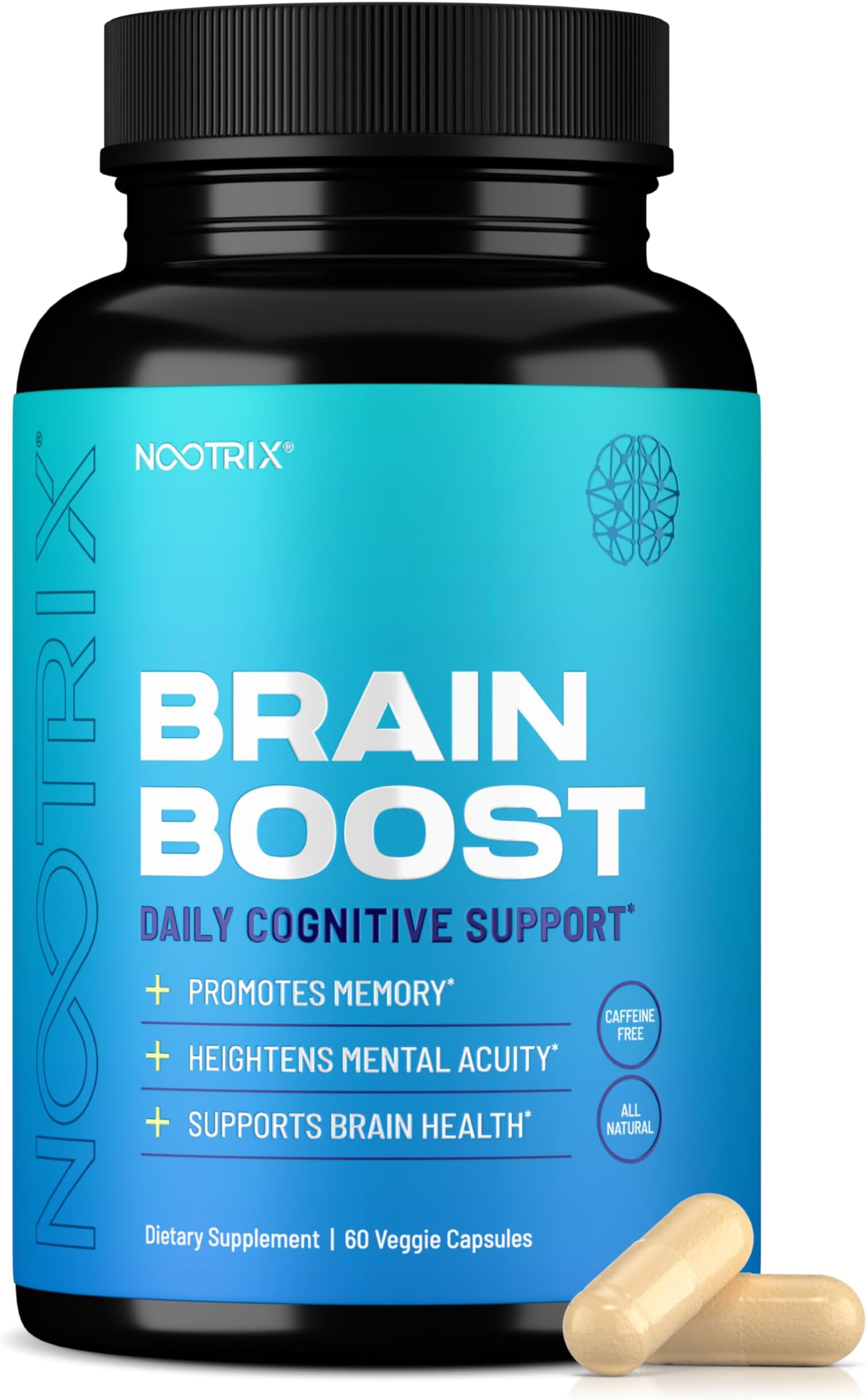 Brain Boost Nootropic Supplement | Supports Memory, Mental Focus, Cognitive Health & Energy | Caffeine-Free, Promotes Healthy Mood & Brain Function w/Gingko Biloba & DMAE | 60 Capsules