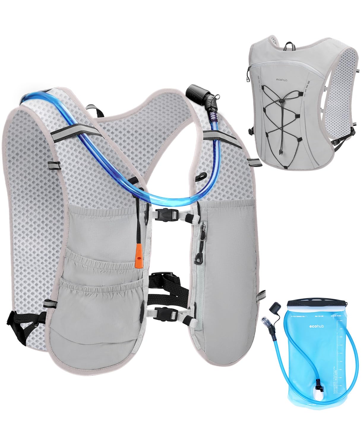 ECOHUB Running Vest with 2L Water Bladder, Lightweight Adjustable 6-Pocket Hydration Backpack for Jogging, Trail, Marathon, Cycling, Hiking, Men and Women, Grey