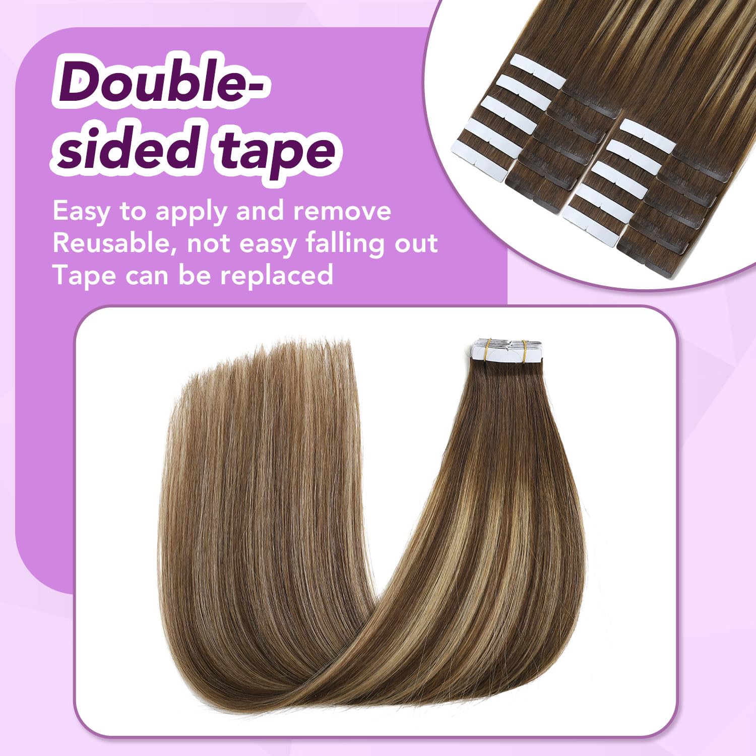 Sindra 22 Inch Tape in Hair Extension Human Hair 20Pcs 50g Balayage Chocolate Brown to Caramel Blonde Seamless Tape in Hair Extensions #4/27/4 22" - Image 4