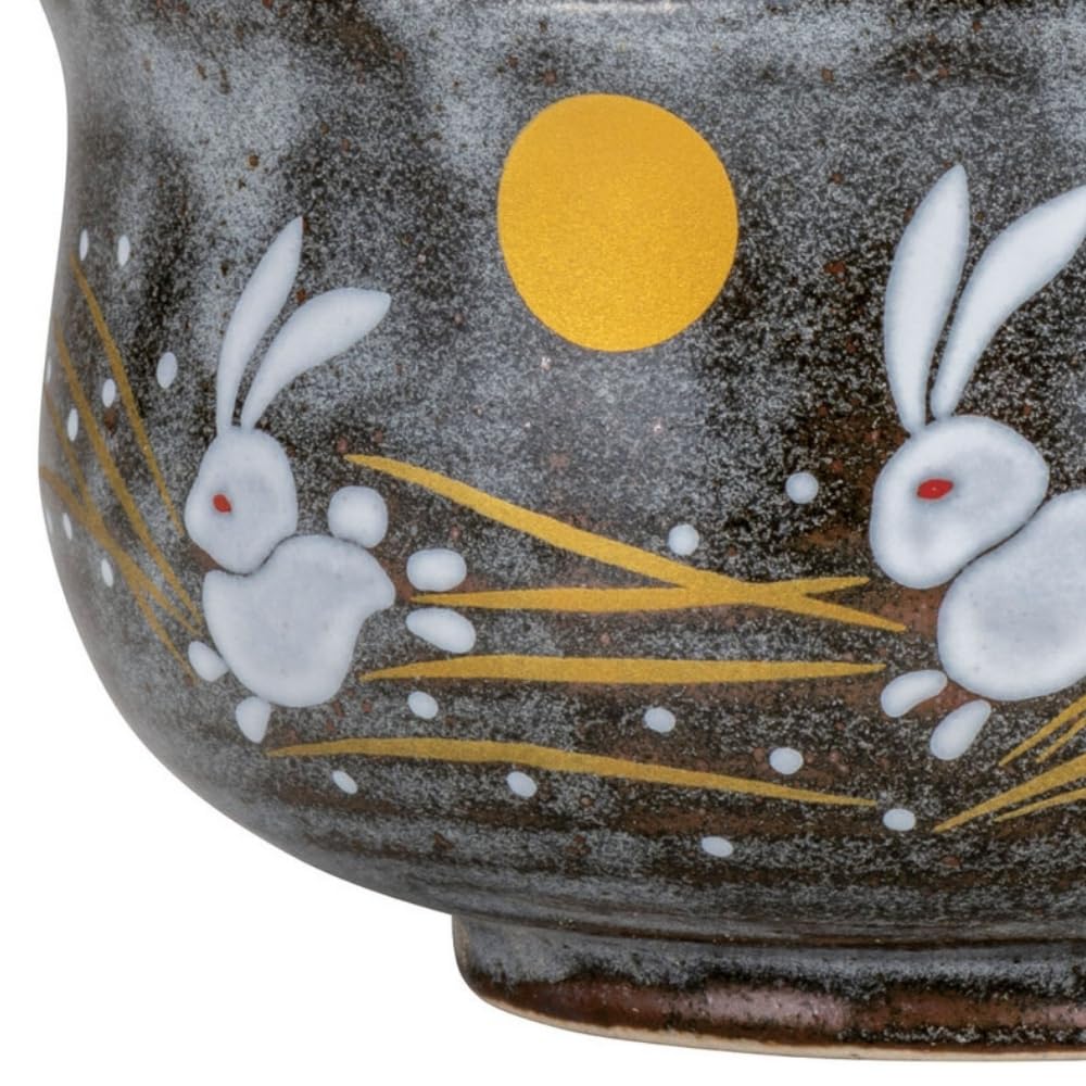 Kutani Ware Japanische Grüntee-Matcha-Schale mit niedlichen springenden Kaninchen, Kawaii, Usagi Haneusagi, hergestellt in Japan