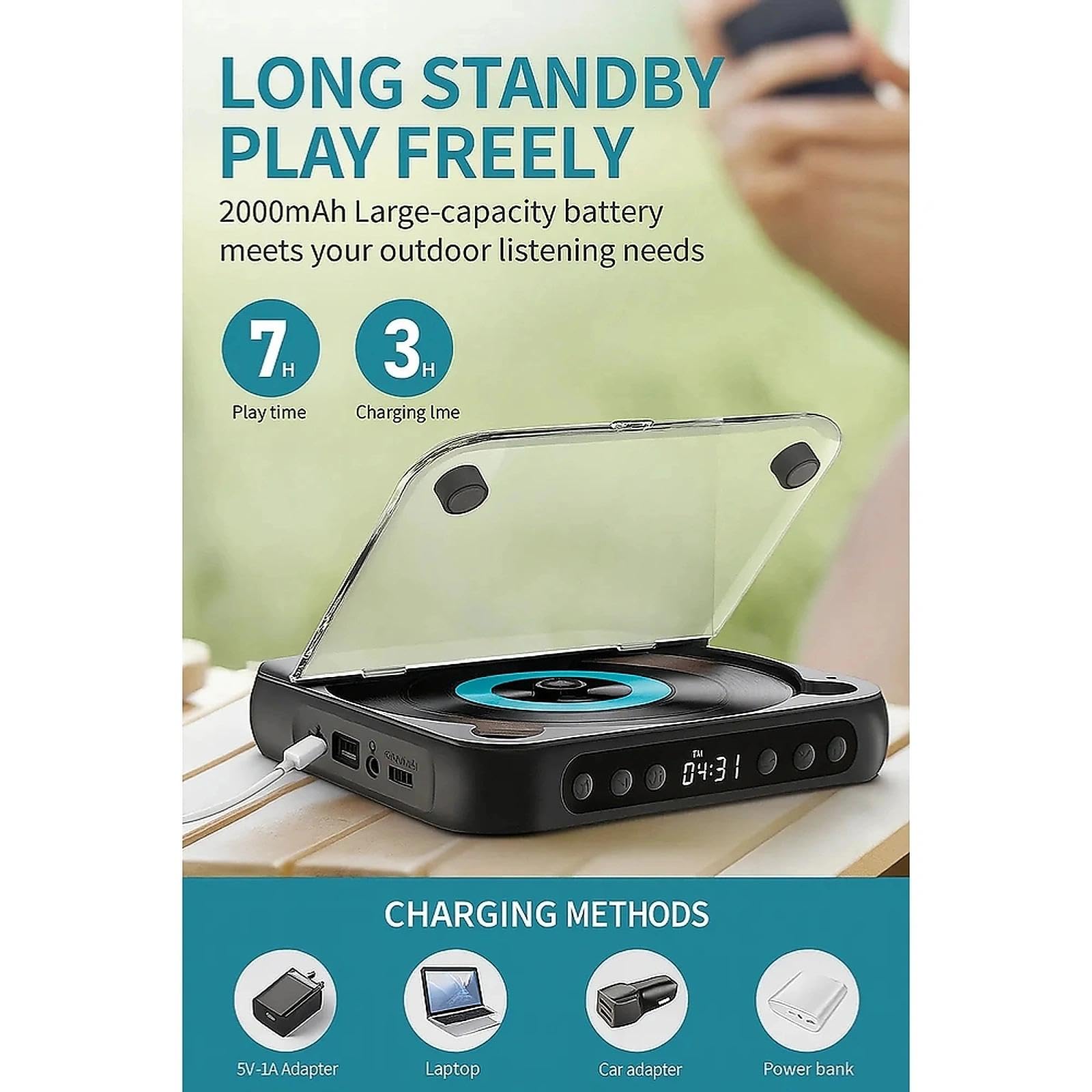 Lettore CD portatile con Bluetooth 5.3, mini lettore CD ricaricabile con altoparlanti HiFi, supporto USB e AUX, compatto per casa, viaggi e ufficio