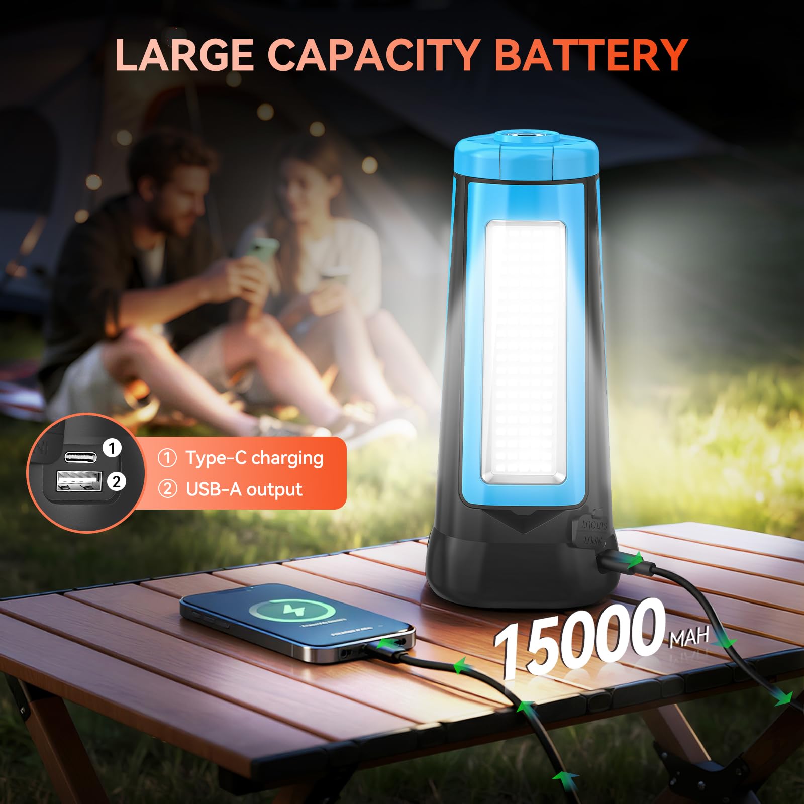 Luce di campeggio ricaricabile 15000mAh con il supporto, luce senza cordone del lavoro, blu | Lanterna da campeggio con 3 teste di lampada a LED, 5500 lumen, torcia di emergenza con treppiede staccabile da 218,4 cm