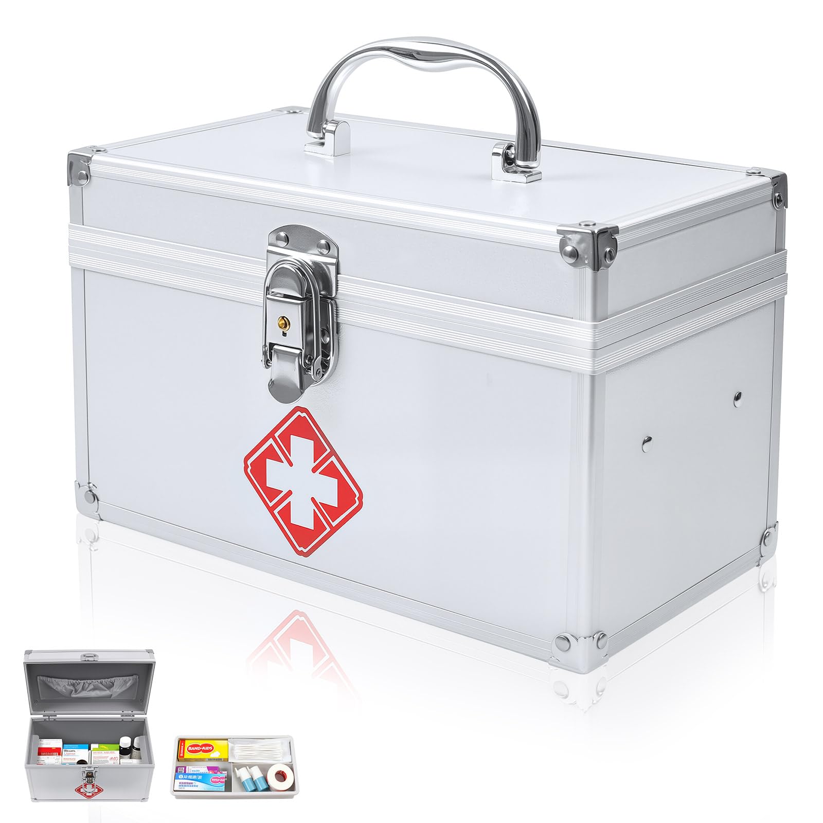 Gemsaya Medical Storage Box, Large Lockable Medicine Storage Box Organiser with Handle, Portable First Aid Box Empty with Compartment, Household Medical Locked Box for Home School Office, 25x14x16 cm
