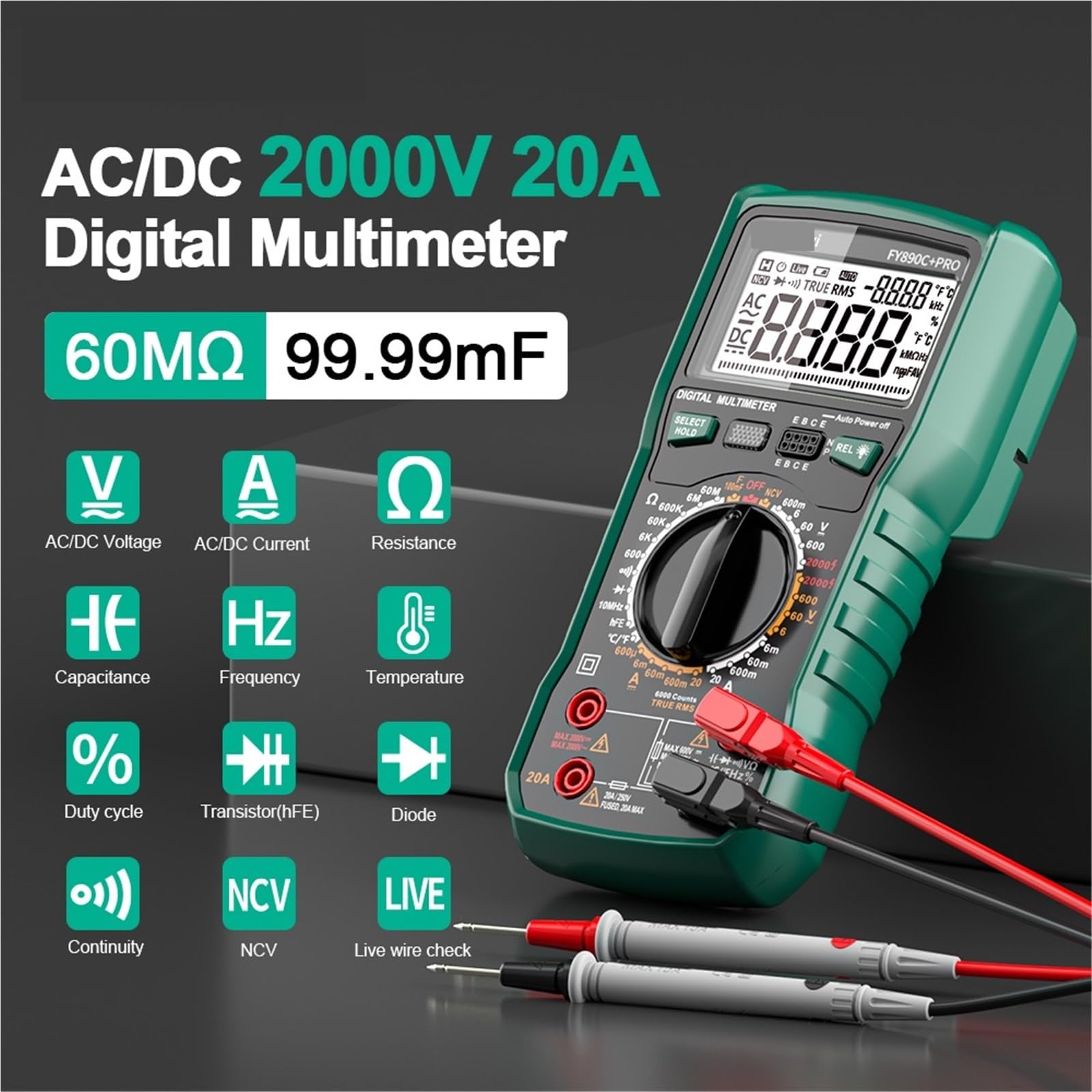 Multimetro Digitale, Multimetro digitale 6000 conteggi AC/DC 2000V/20A Vero RMS Tester di temperatura for elettricisti Fotovoltaico Minerario
