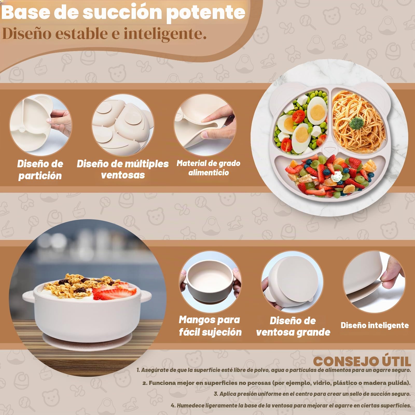 Juego de vajilla de silicona para bebé, 11 piezas: platos, antideslizantes, ventosa, cuenco, babero, cuchara, tenedor, vaso, sin BPA, beige