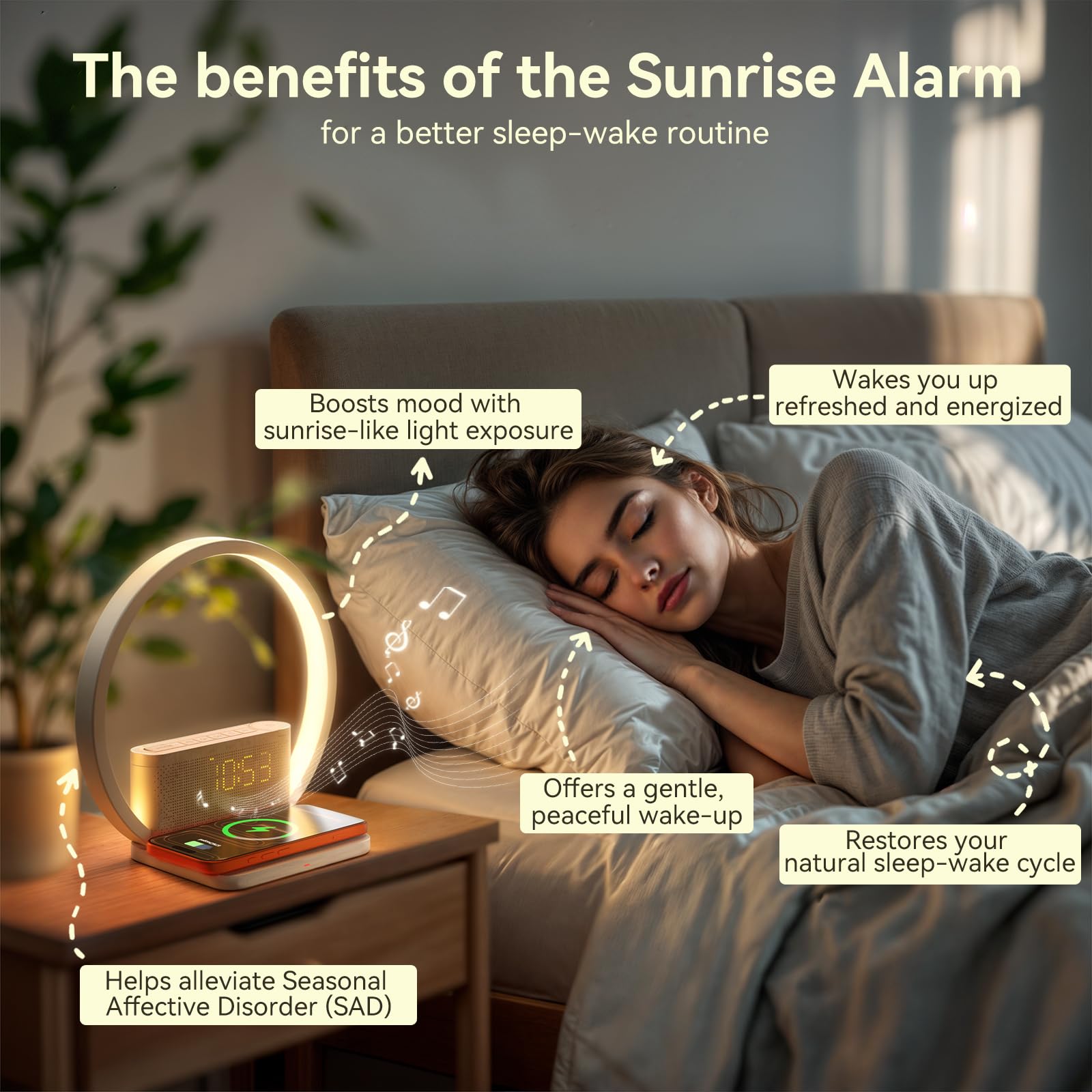 Vivilumens Sunrise - Despertador con cargador inalámbrico, máquina de sonido de ruido blanco con 10 sonidos, despertador con temporizador de 30/60/90 minutos, luz nocturna táctil de 3 niveles, relojes