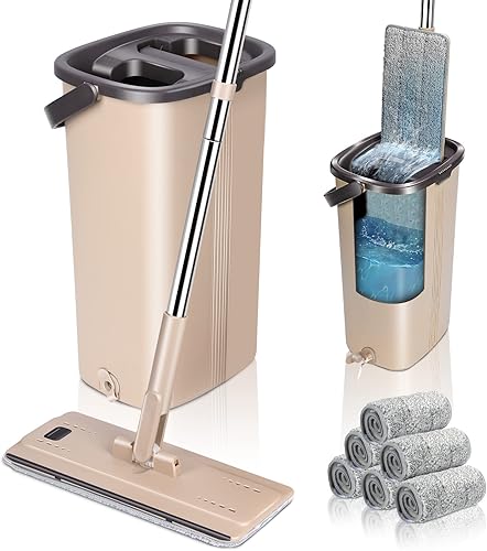 ZNM - Juego de trapeador y cubo con juego de escurridor, trapeador plano manos libres con mango de acero inoxidable, uso húmedo y seco, sistema de