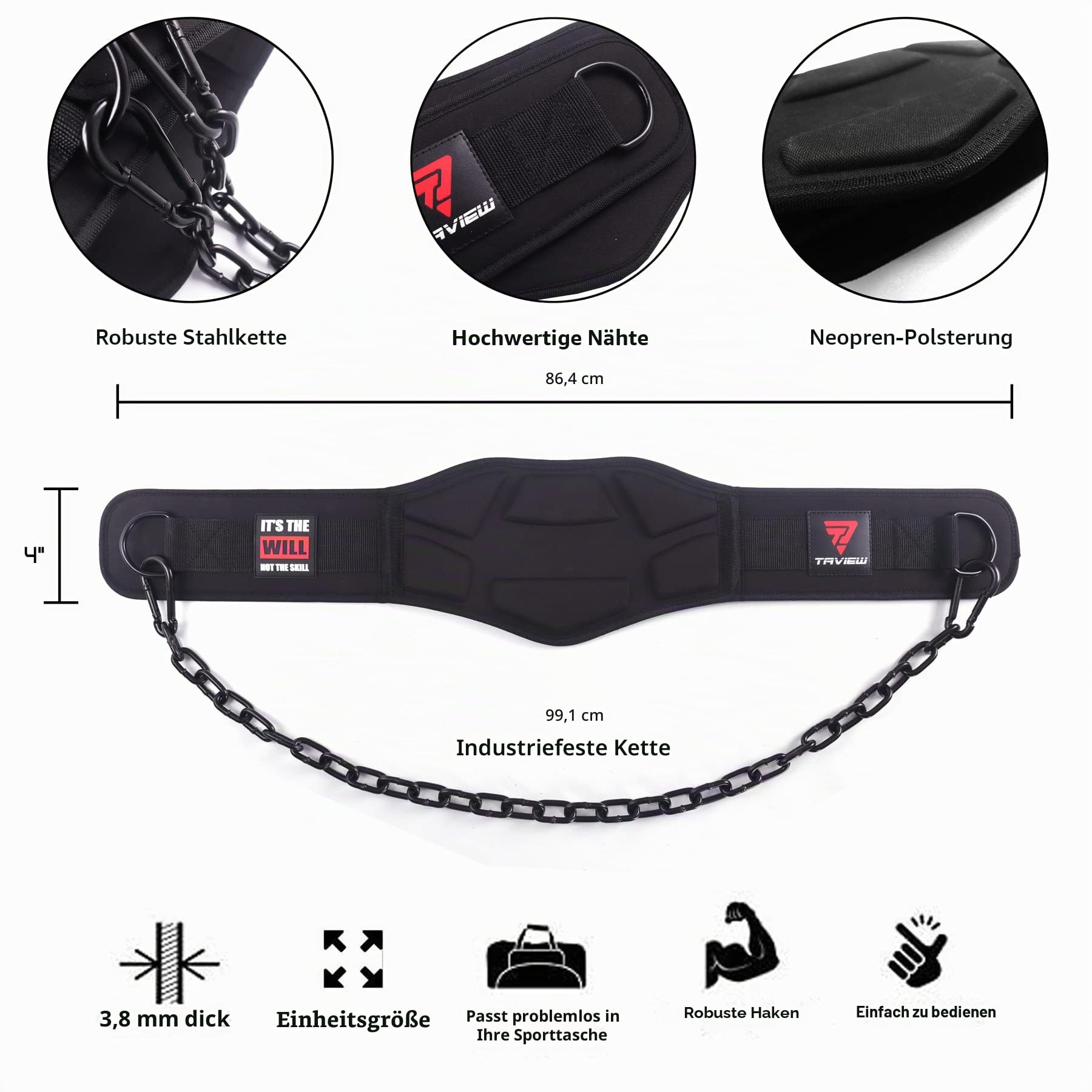 TAVIEW Dip Gürtel mit Kette Gewichteter Gürtel für Pullups mit Heavy Duty Dip Gürtel mit Kette