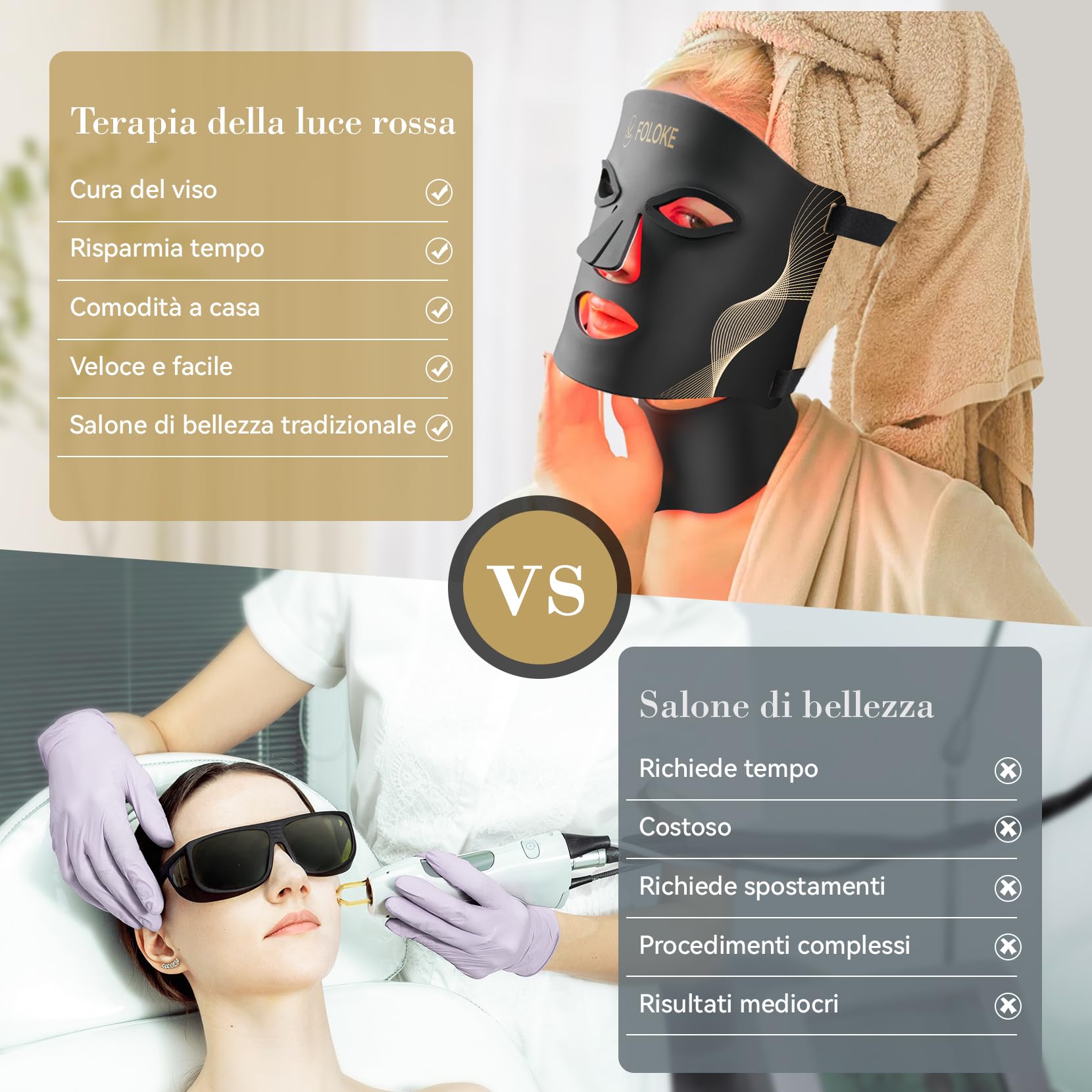FOLOKE Maschera di Terapia con Luce LED per la Cura della Pelle, Maschera LED per Vista e Collo, Rosso - Lunghezza d’onda per Uso domestico, – Cura della pelle avanzata resa semplice | Design ergonomico e confortevole, ideale per casa, viaggi e uso quotid