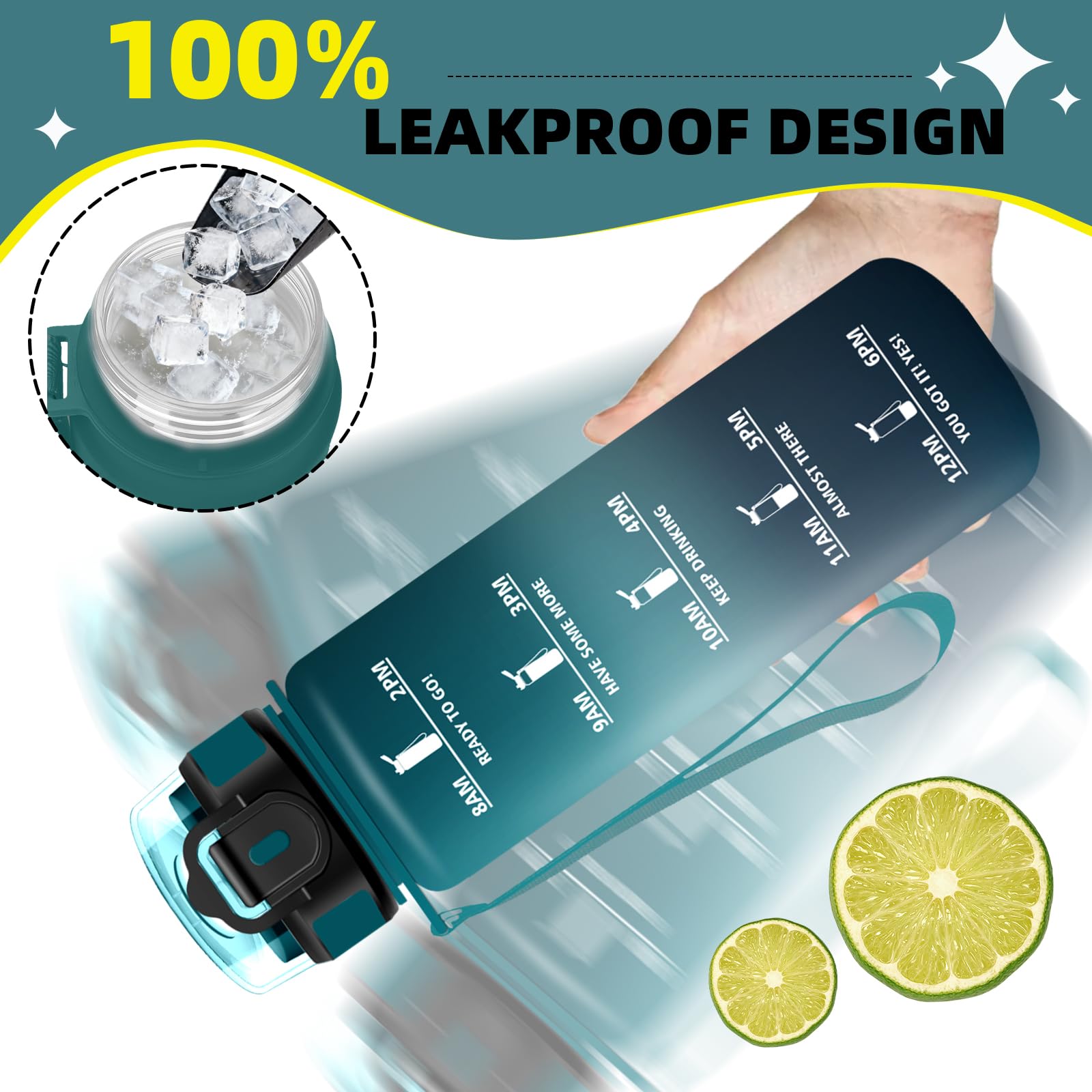 Wasserflasche 1l, Auslaufsichere Trinkflasche mit Zeitmarkierung und Schnürung, Trinkflasche Sport mit Strohhalm, Flasche mit Sichere Verriegelung für Uni, Arbeit, Fitness, Büro, Outdoor - 4