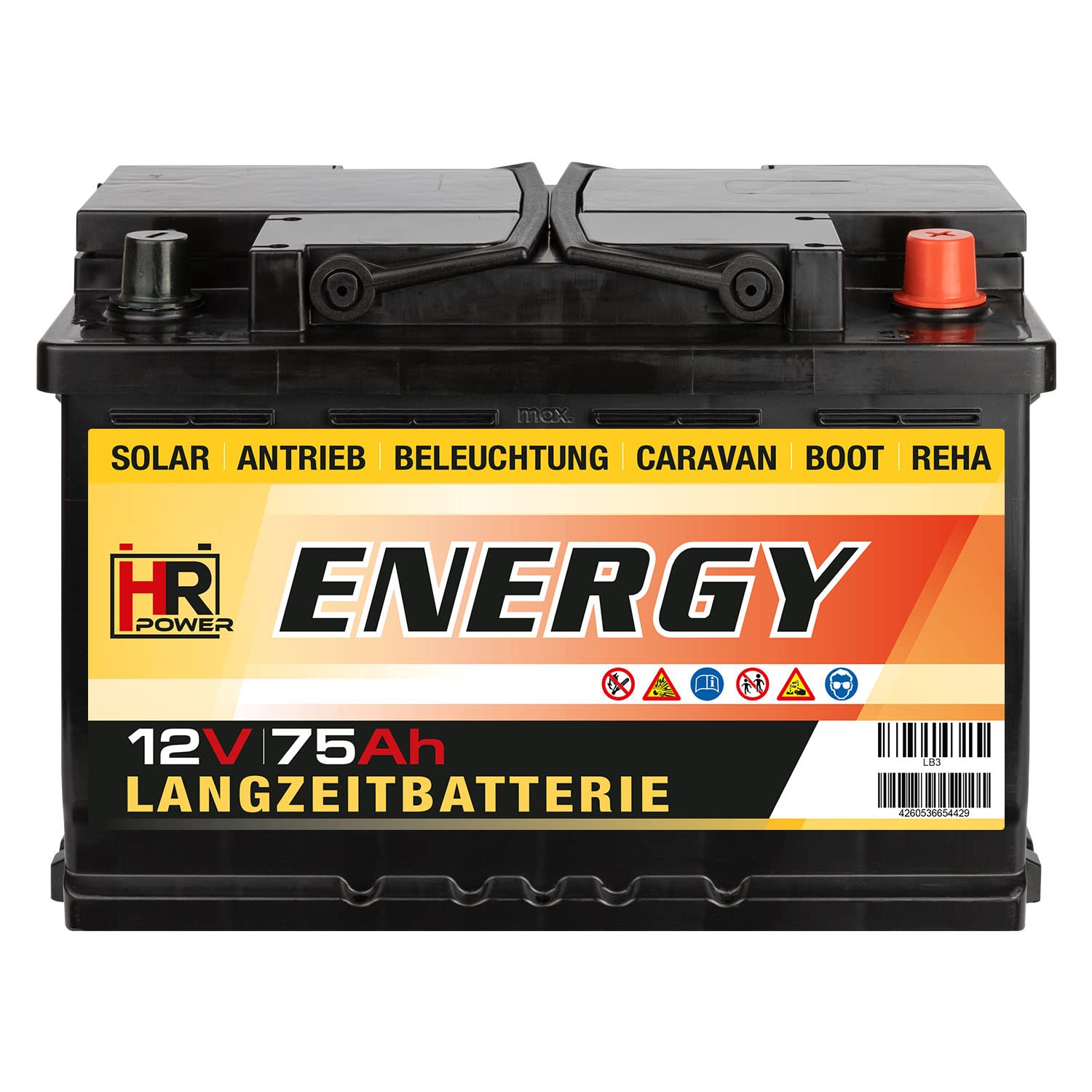 HR-ENERGY Batterie 12V 75Ah | High-Performance Langzeitbatterie für Solar, Caravan, Boot, Hobby & Freizeit